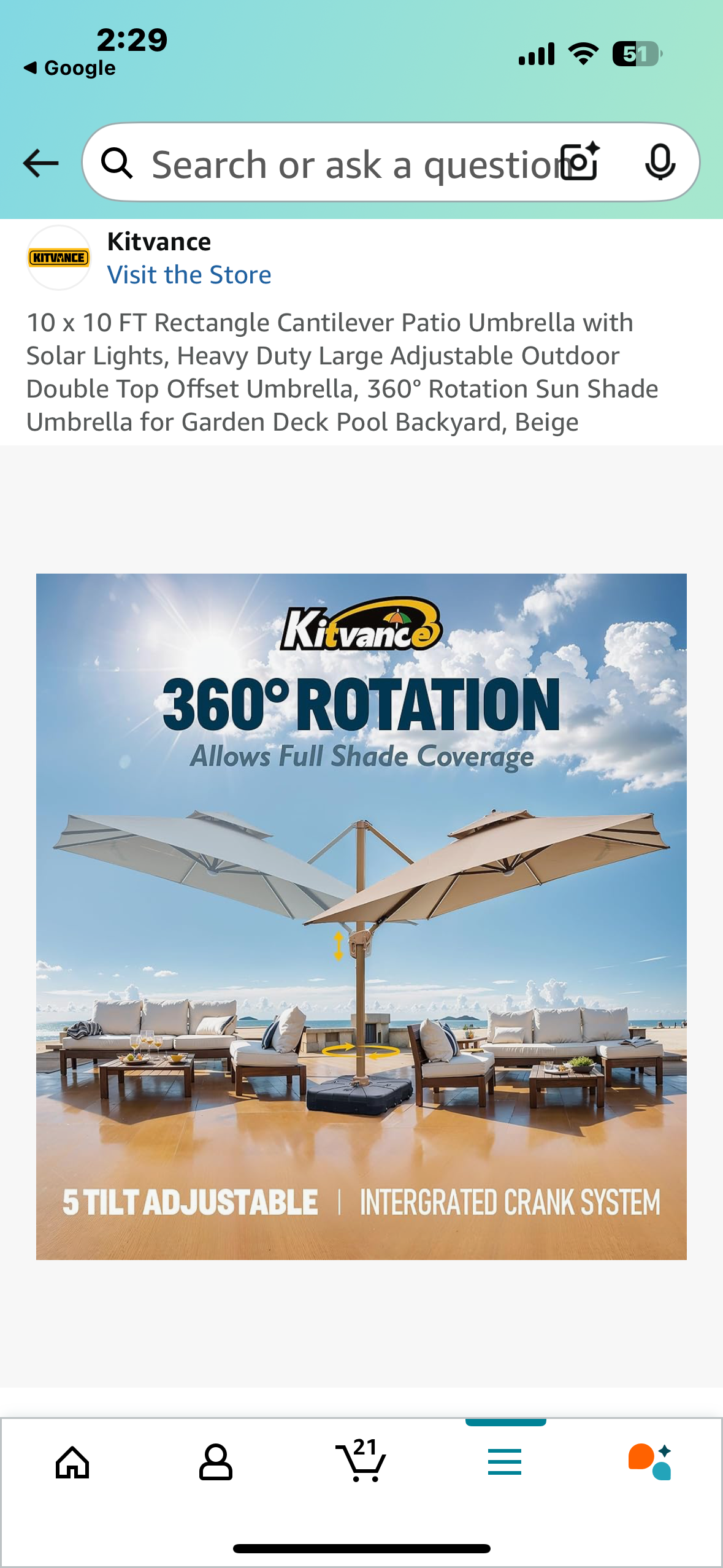 10 x 10 FT Rectangle Cantilever Patio Umbrella with Solar Lights, Heavy Duty Large Adjustable Outdoor Double Top Offset Umbrella, 360° Rotation Sun Shade Umbrella for Garden Deck Pool Backyard, Beige (G823)