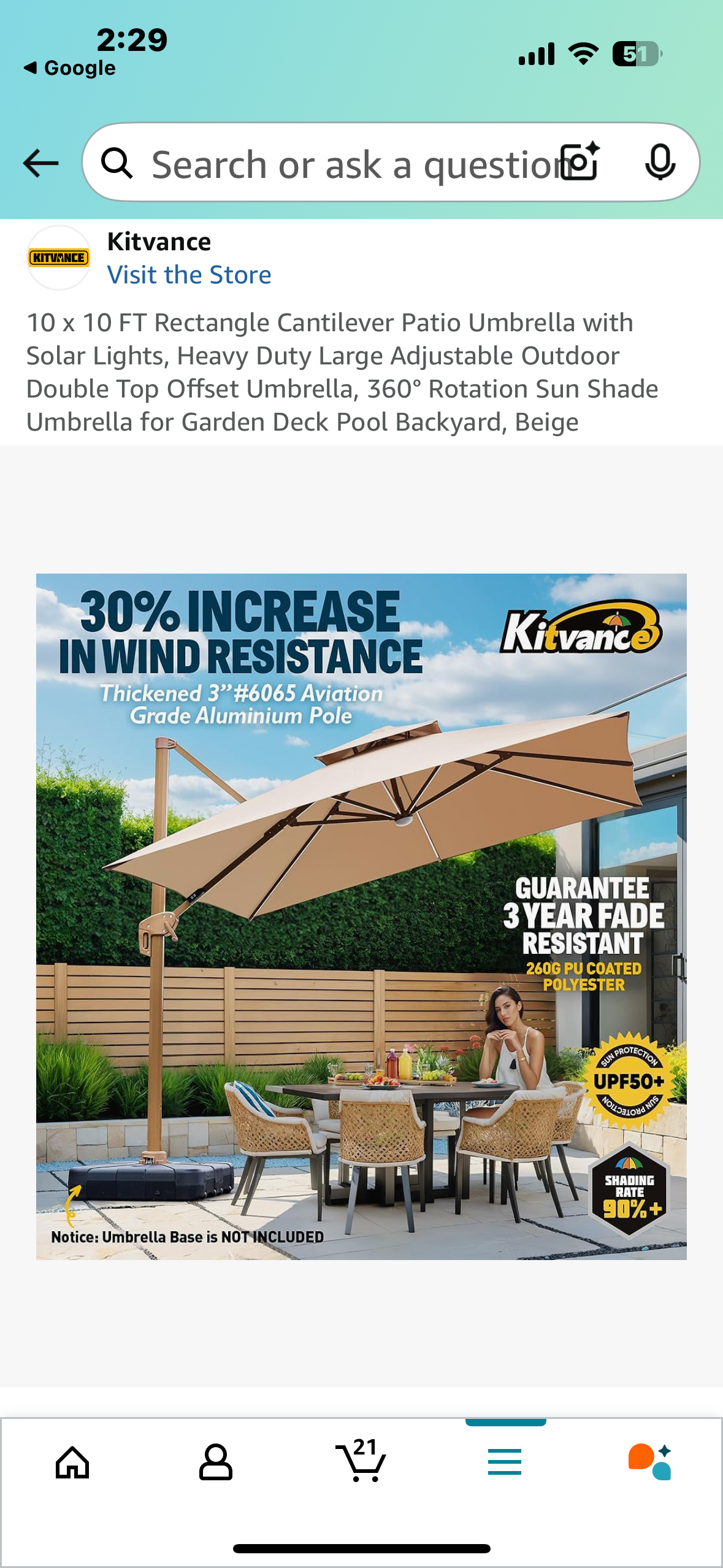 10 x 10 FT Rectangle Cantilever Patio Umbrella with Solar Lights, Heavy Duty Large Adjustable Outdoor Double Top Offset Umbrella, 360° Rotation Sun Shade Umbrella for Garden Deck Pool Backyard, Beige (G823)