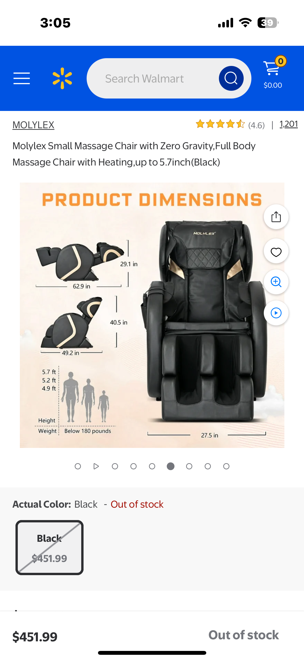 Molylex Small Massage Chair with Zero Gravity, Full Body Massage Chair with Heating (Black) (L956)