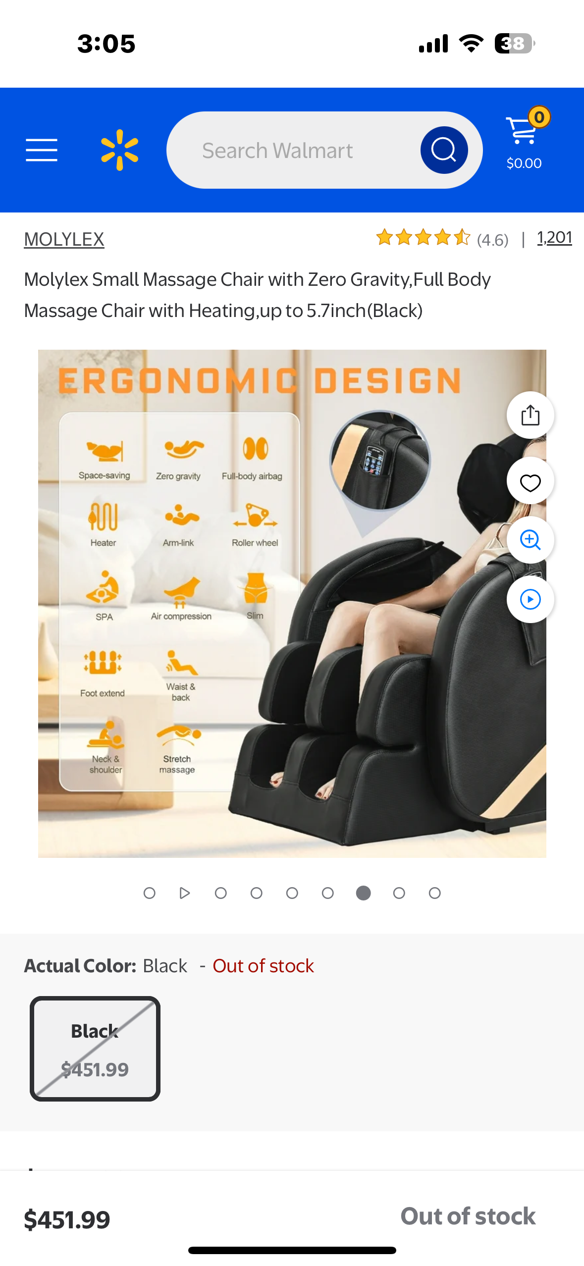 Molylex Small Massage Chair with Zero Gravity, Full Body Massage Chair with Heating (Black) (L956)