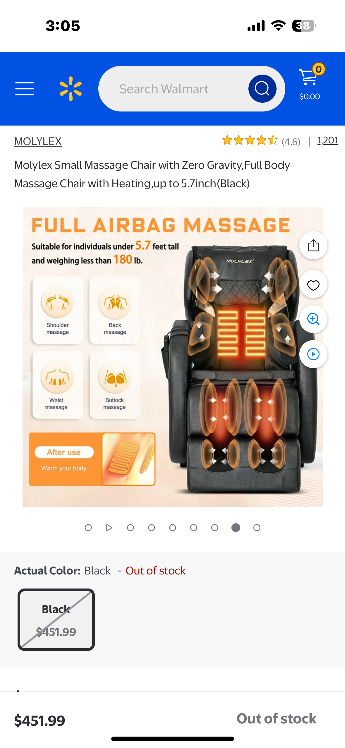 Molylex Small Massage Chair with Zero Gravity, Full Body Massage Chair with Heating (Black) (L956)