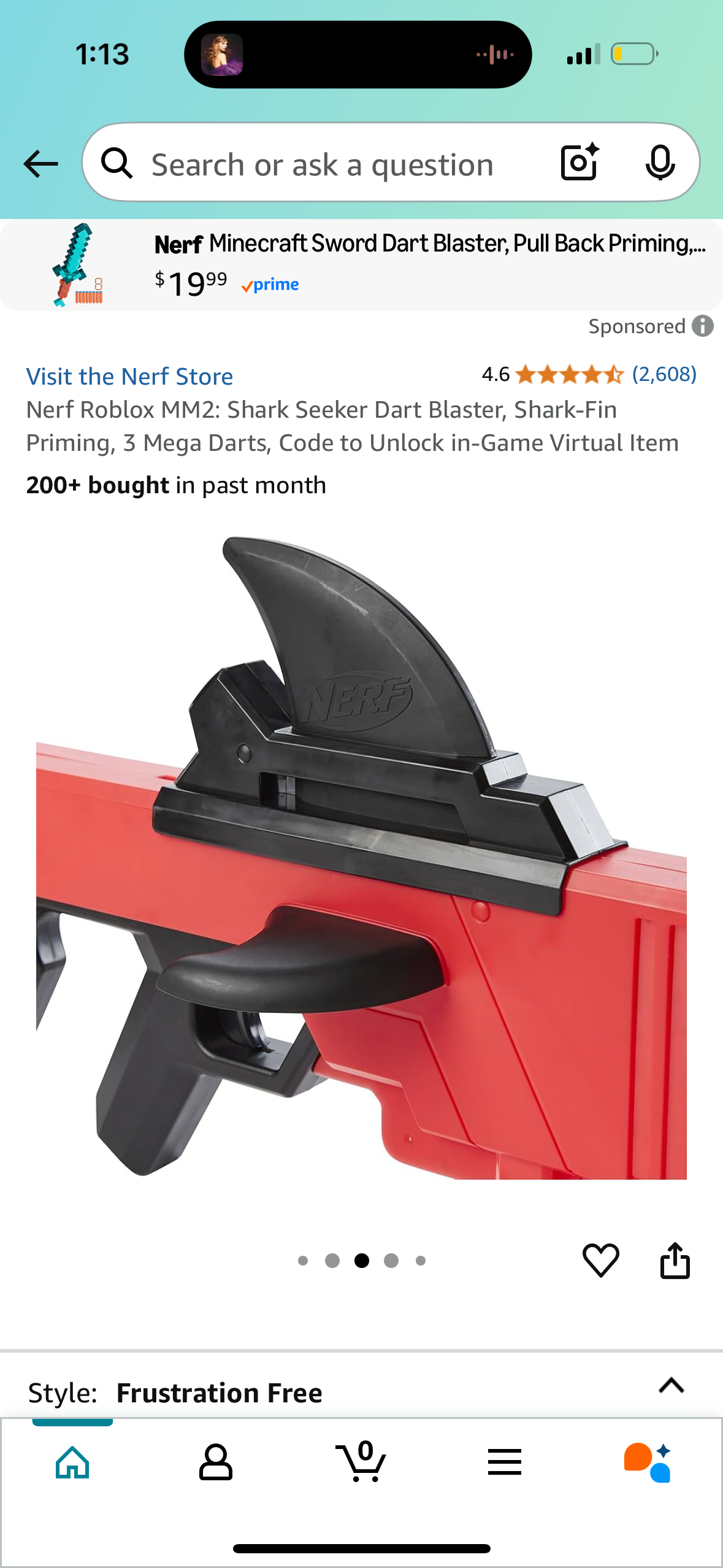 Nerf Roblox MM2: Shark Seeker Dart Blaster, Shark-Fin Priming, 3 Mega Darts, Code to Unlock in-Game Virtual Item