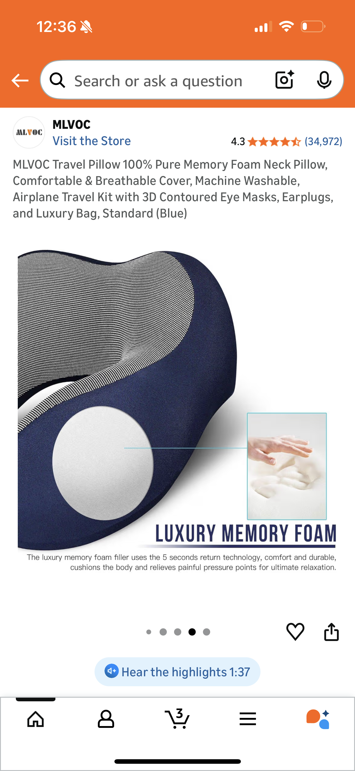 MLVOC Travel Pillow 100% Pure Memory Foam Neck Pillow, Comfortable & Breathable Cover, Machine Washable, Airplane Travel Kit with 3D Contoured Eye Masks, Earplugs, and Luxury Bag, Standard (Blue)