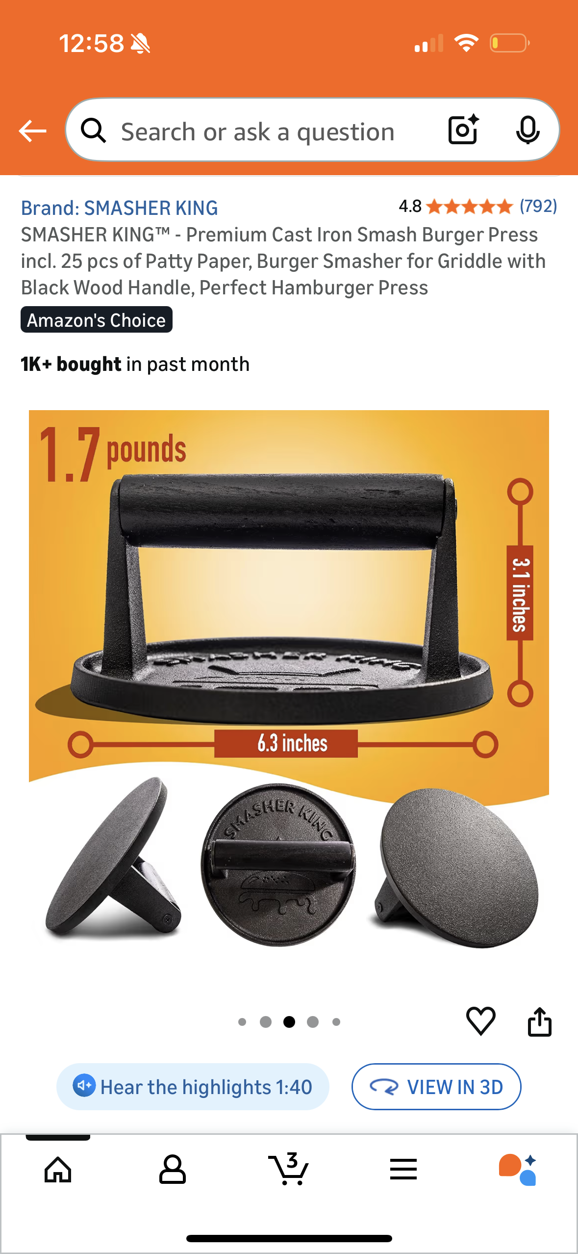 SMASHER KING™ - Premium Cast Iron Smash Burger Press incl. 25 pcs of Patty Paper, Burger Smasher for Griddle with Black Wood Handle, Perfect Hamburger Press