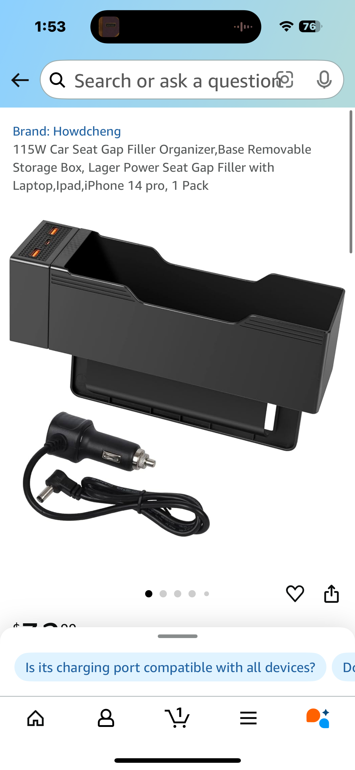115W Car Seat Gap Filler Organizer,Base Removable Storage Box, Lager Power Seat Gap Filler with Laptop,Ipad,iPhone 14 pro, 1 Pack