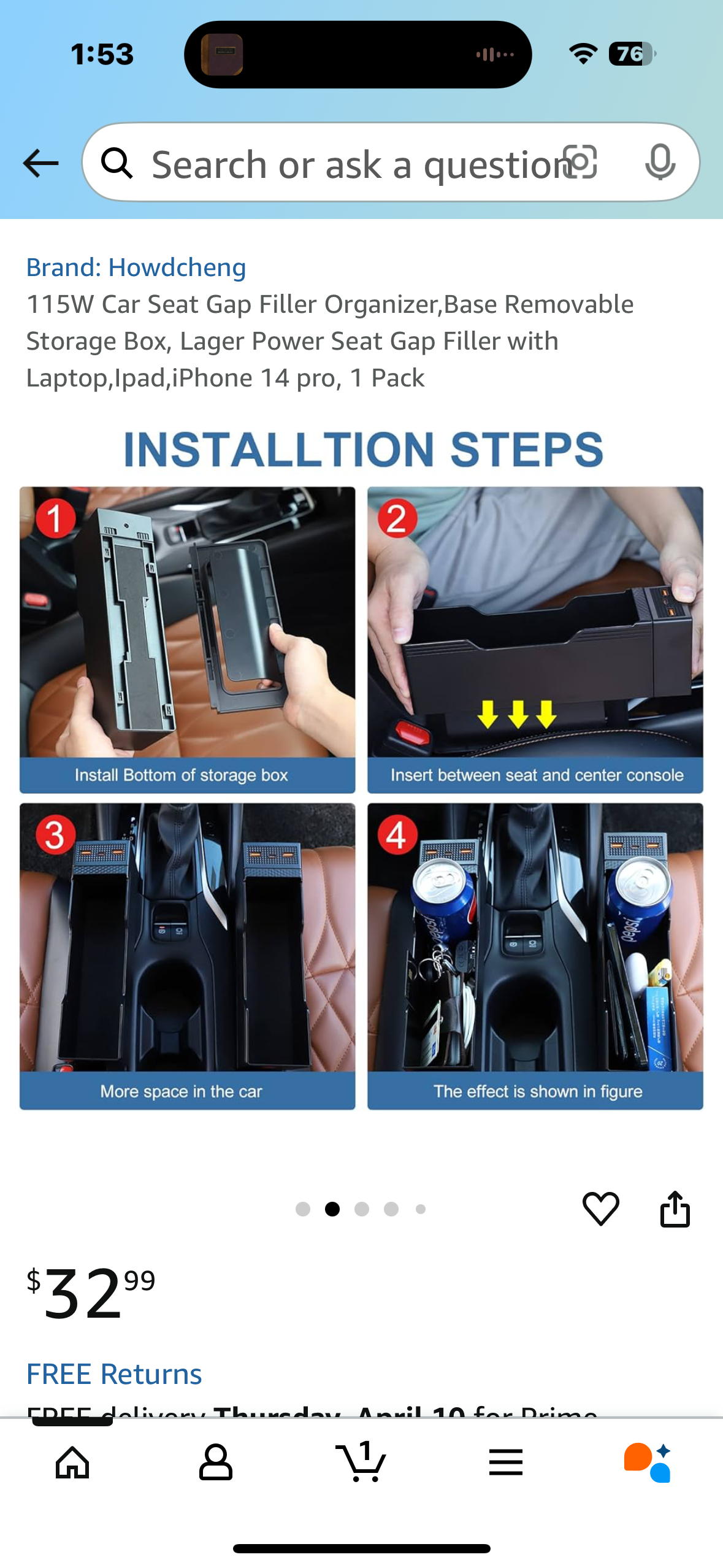 115W Car Seat Gap Filler Organizer,Base Removable Storage Box, Lager Power Seat Gap Filler with Laptop,Ipad,iPhone 14 pro, 1 Pack