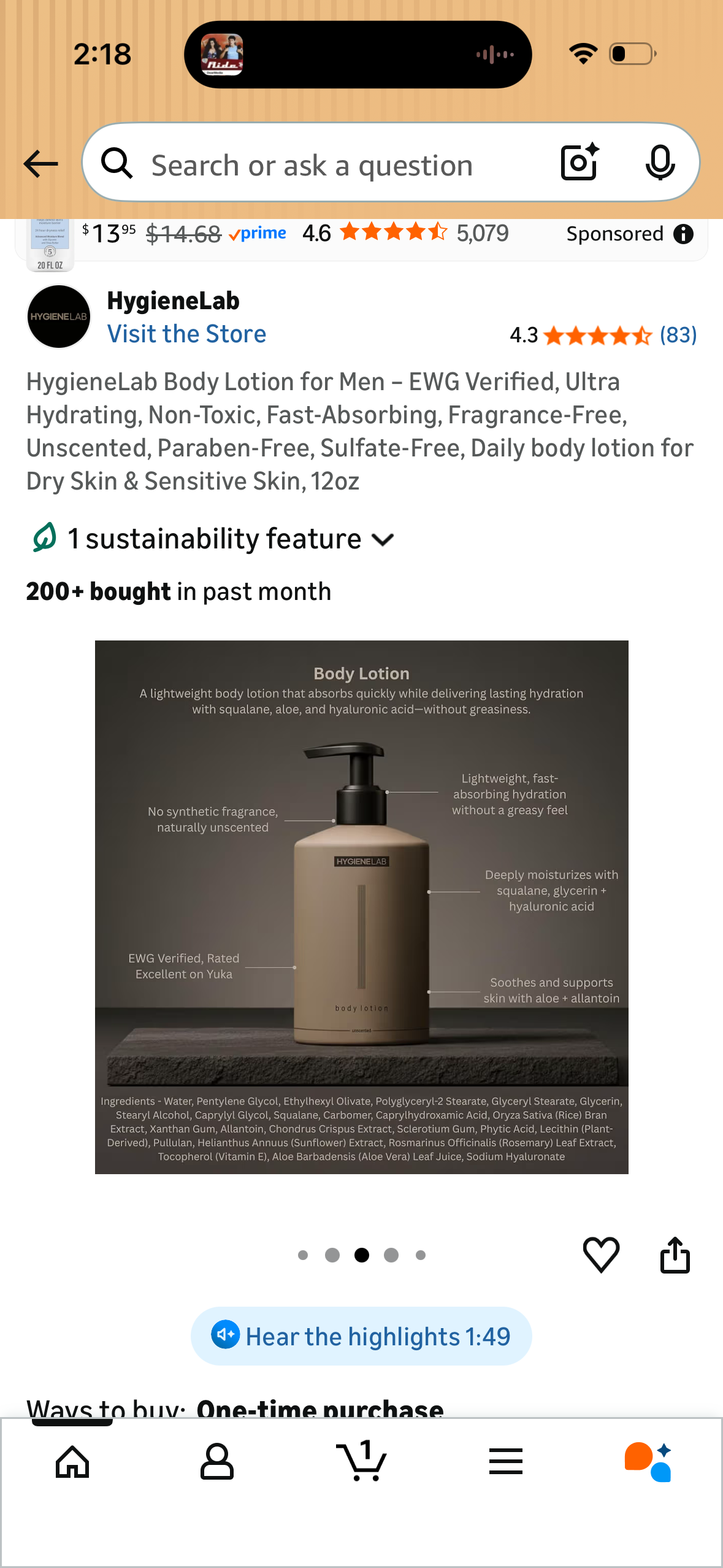 HygieneLab Body Lotion for Men – EWG Verified, Ultra Hydrating, Non-Toxic, Fast-Absorbing, Fragrance-Free, Unscented, Paraben-Free, Sulfate-Free, Daily body lotion for Dry Skin & Sensitive Skin, 12oz