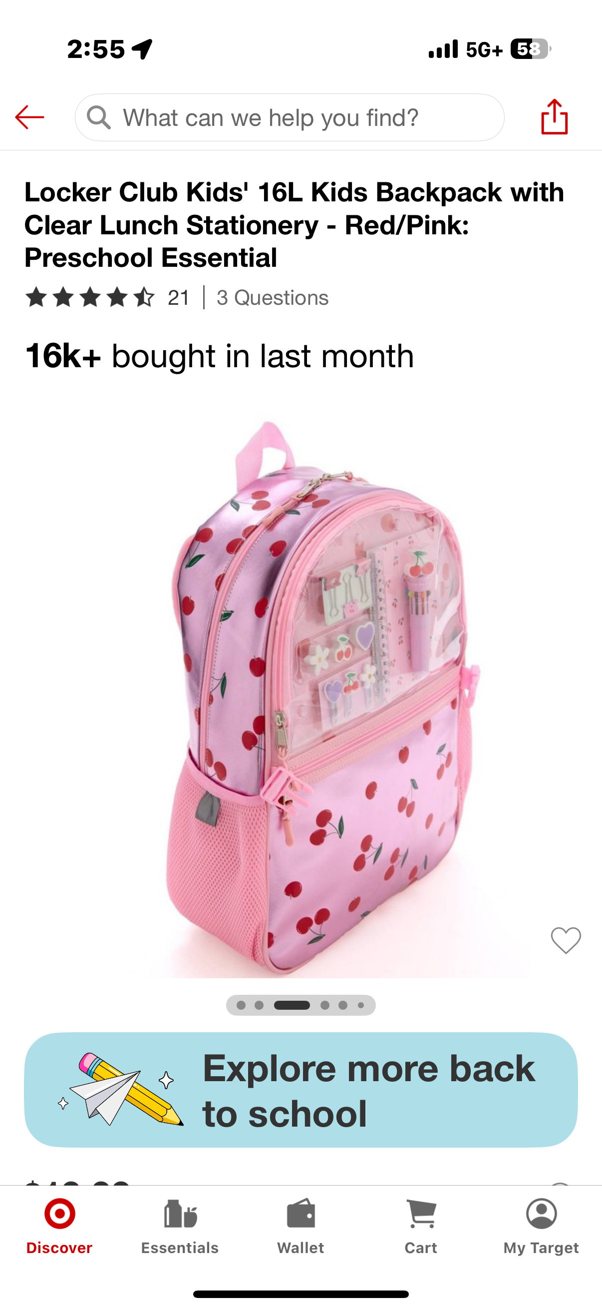 Locker Club Kids' 16L Kids Backpack with Clear Lunch Stationery - Red/Pink:
Preschool Essential