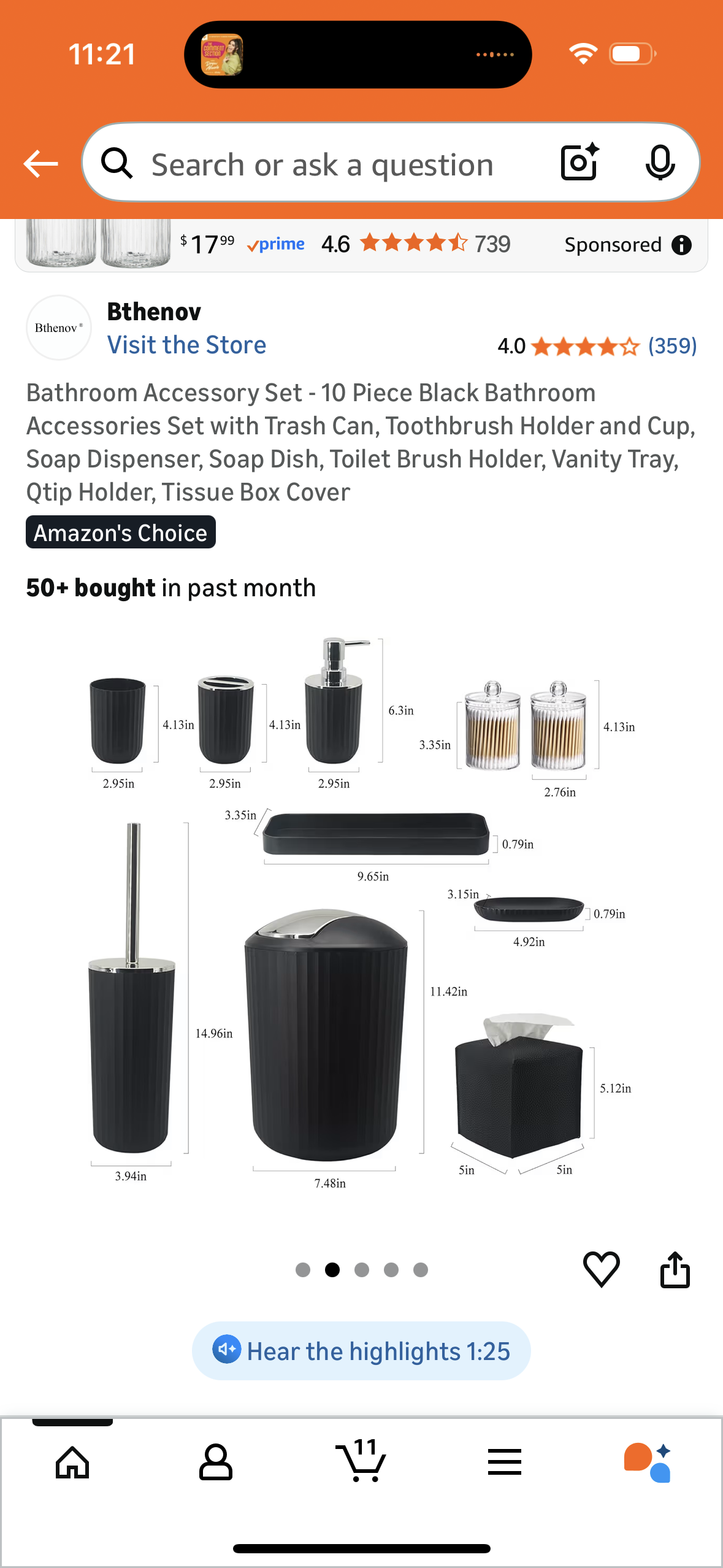 Bathroom Accessory Set - 10 Piece Black Bathroom Accessories Set with Trash Can, Toothbrush Holder and Cup, Soap Dispenser, Soap Dish, Toilet Brush Holder, Vanity Tray, Qtip Holder, Tissue Box Cover