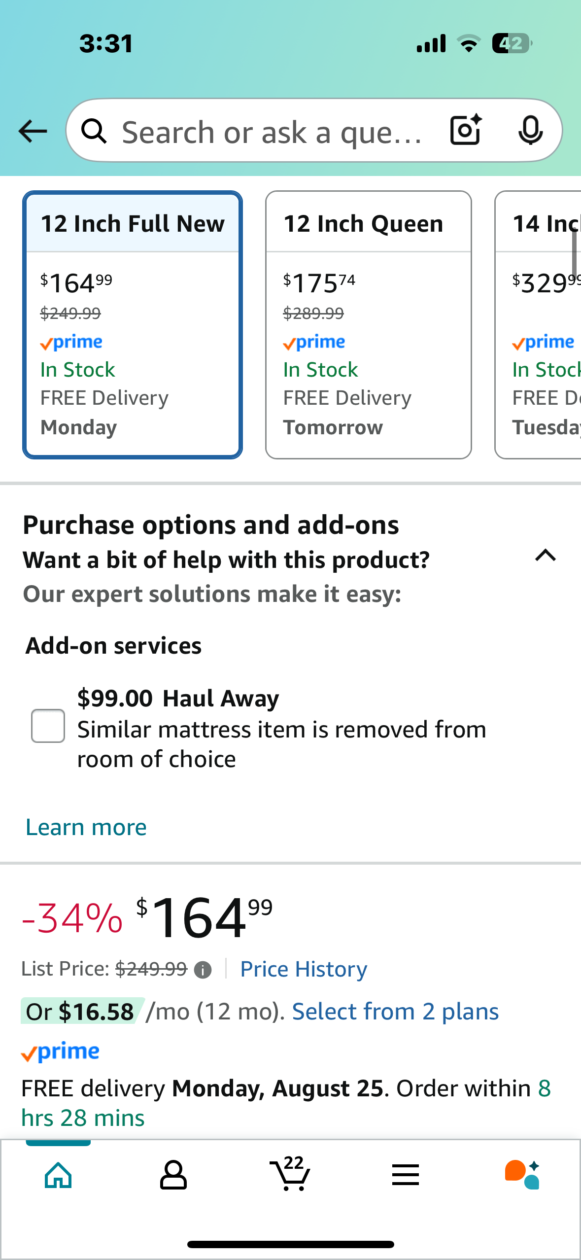 Full Size Mattress, 12” (B1001)