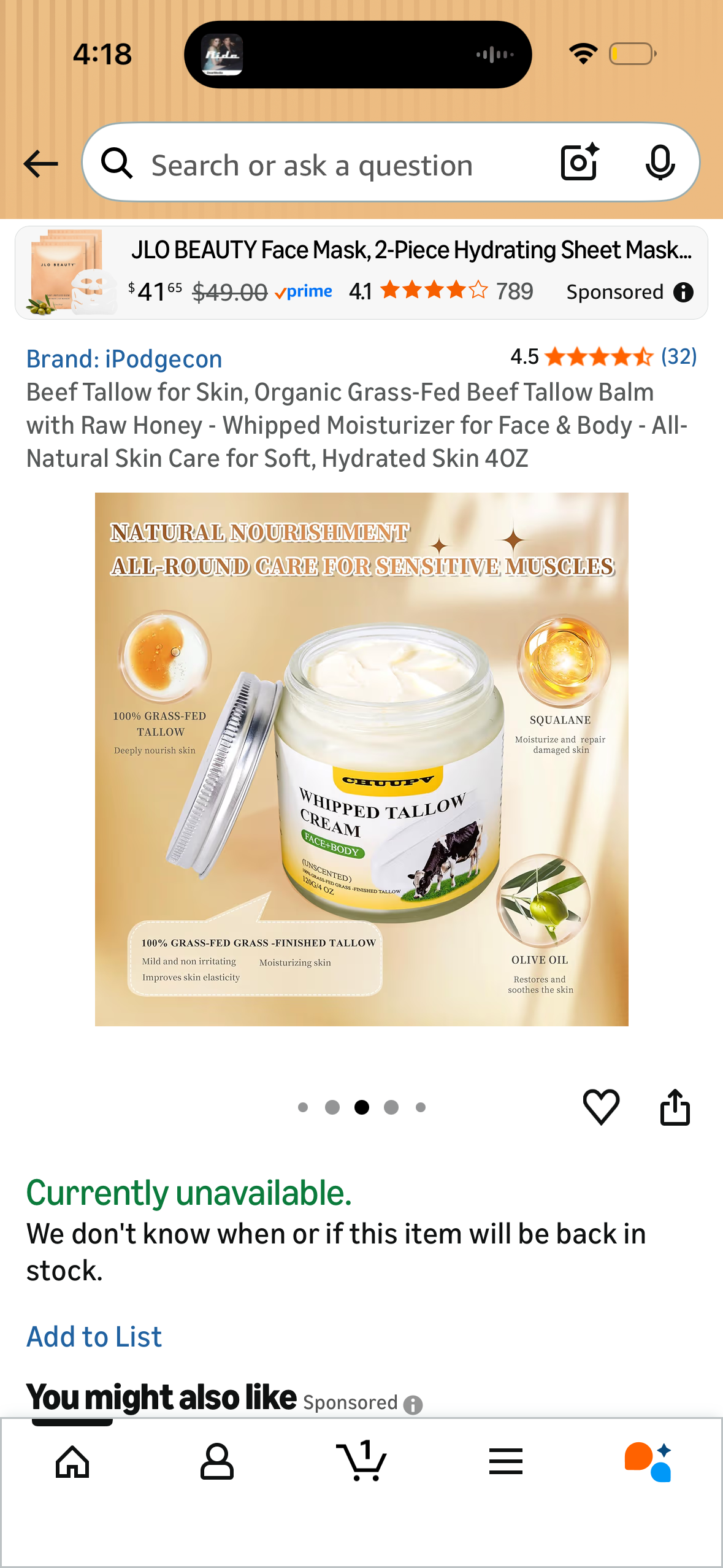 Beef Tallow for Skin, Organic Grass-Fed Beef Tallow Balm with Raw Honey - Whipped Moisturizer for Face & Body - All-Natural Skin Care for Soft, Hydrated Skin 4OZ