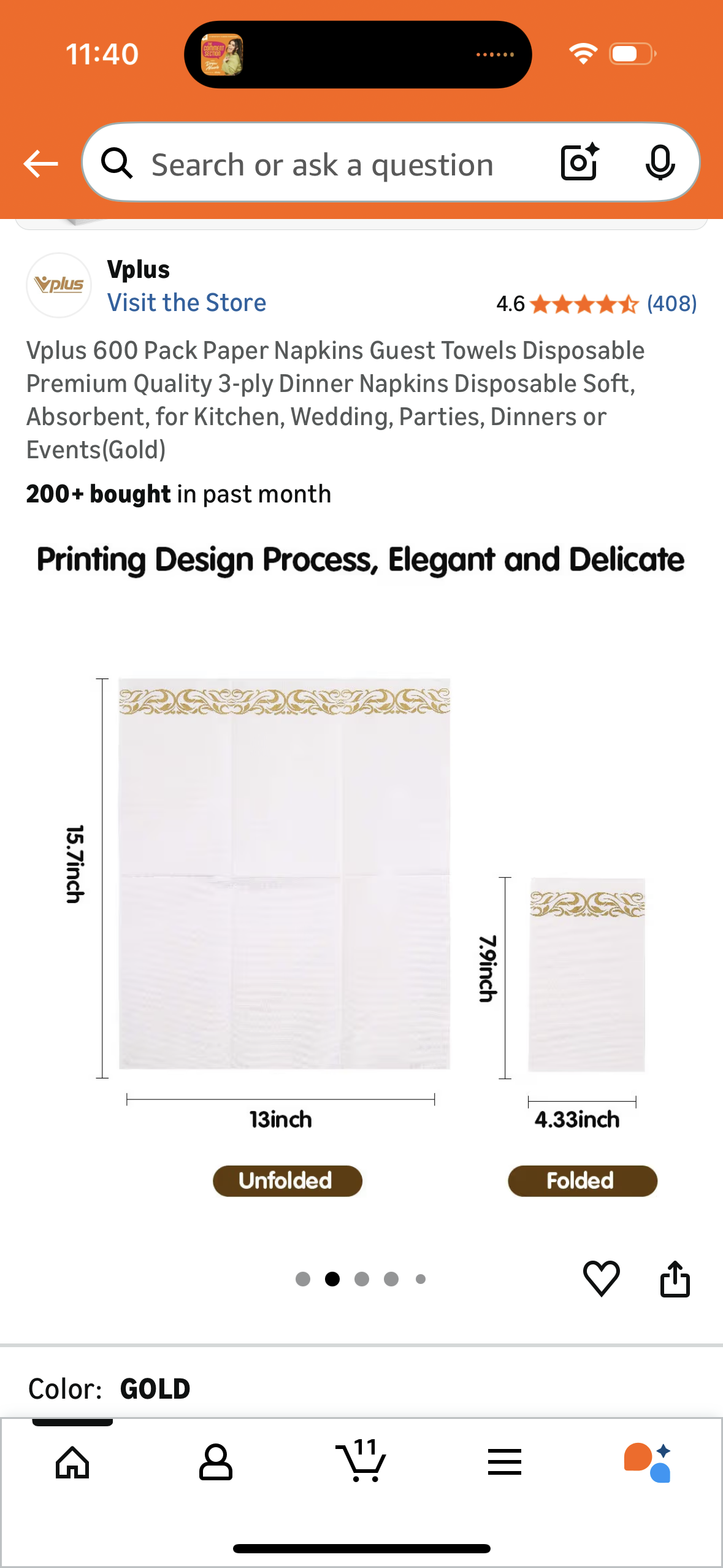 Vplus 600 Pack Paper Napkins Guest Towels Disposable Premium Quality 3-ply Dinner Napkins Disposable Soft, Absorbent, for Kitchen, Wedding, Parties, Dinners or Events(Gold)