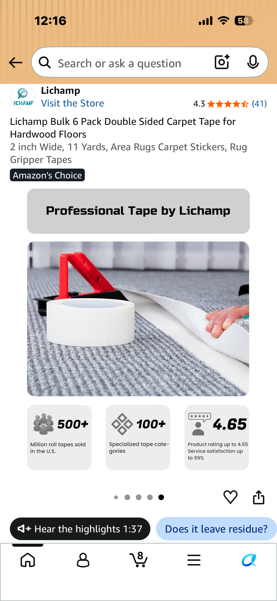 Lichamp Bulk 6 Pack Double Sided Carpet Tape for Hardwood Floors, 2” Wide x 11 Yards, Area Rug, Carpet Stickers, Rug Gripper Tape
