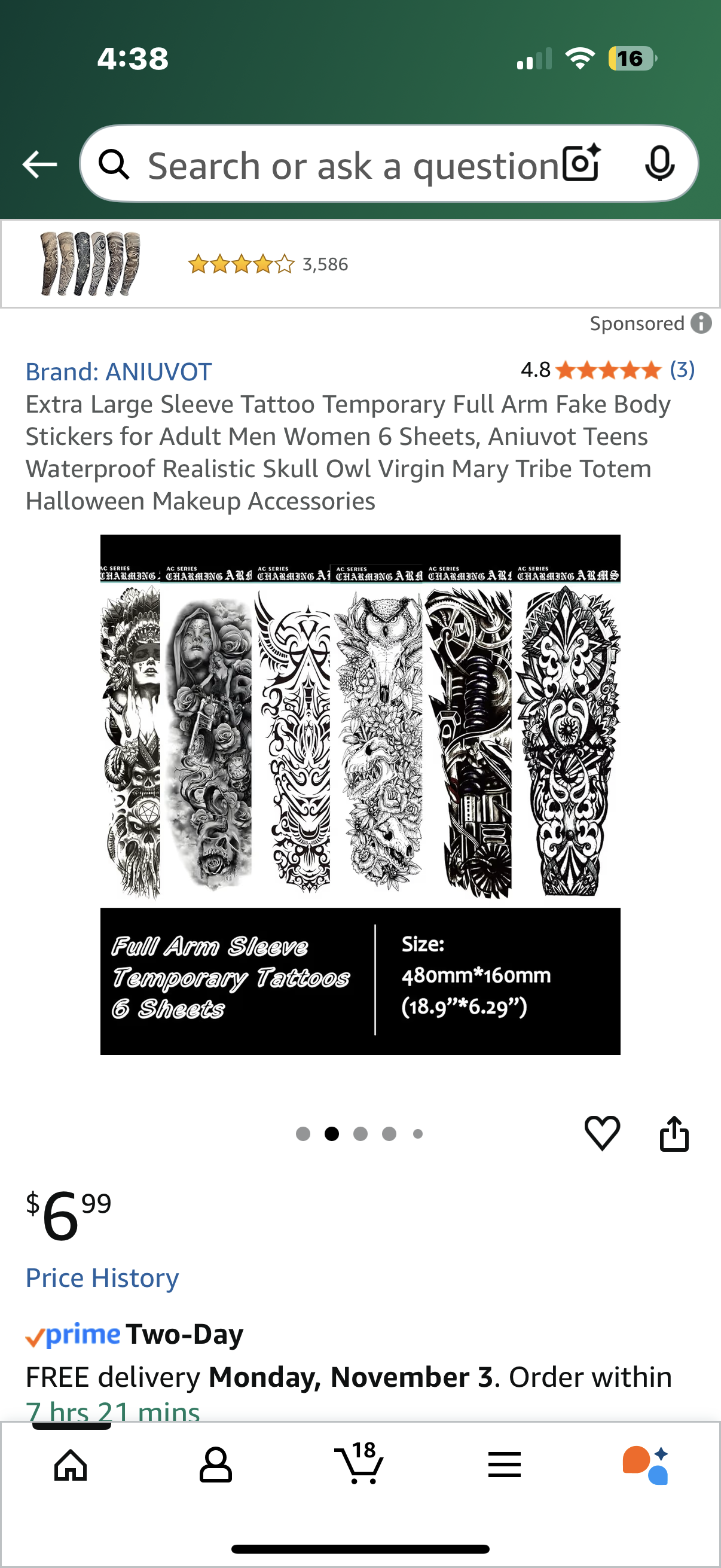 Extra Large Sleeve Tattoo Temporary Full Arm Fake Body Stickers for Adult Men Women 6 Sheets, Aniuvot Teens Waterproof Realistic Skull Owl Virgin Mary Tribe Totem Halloween Makeup Accessories
