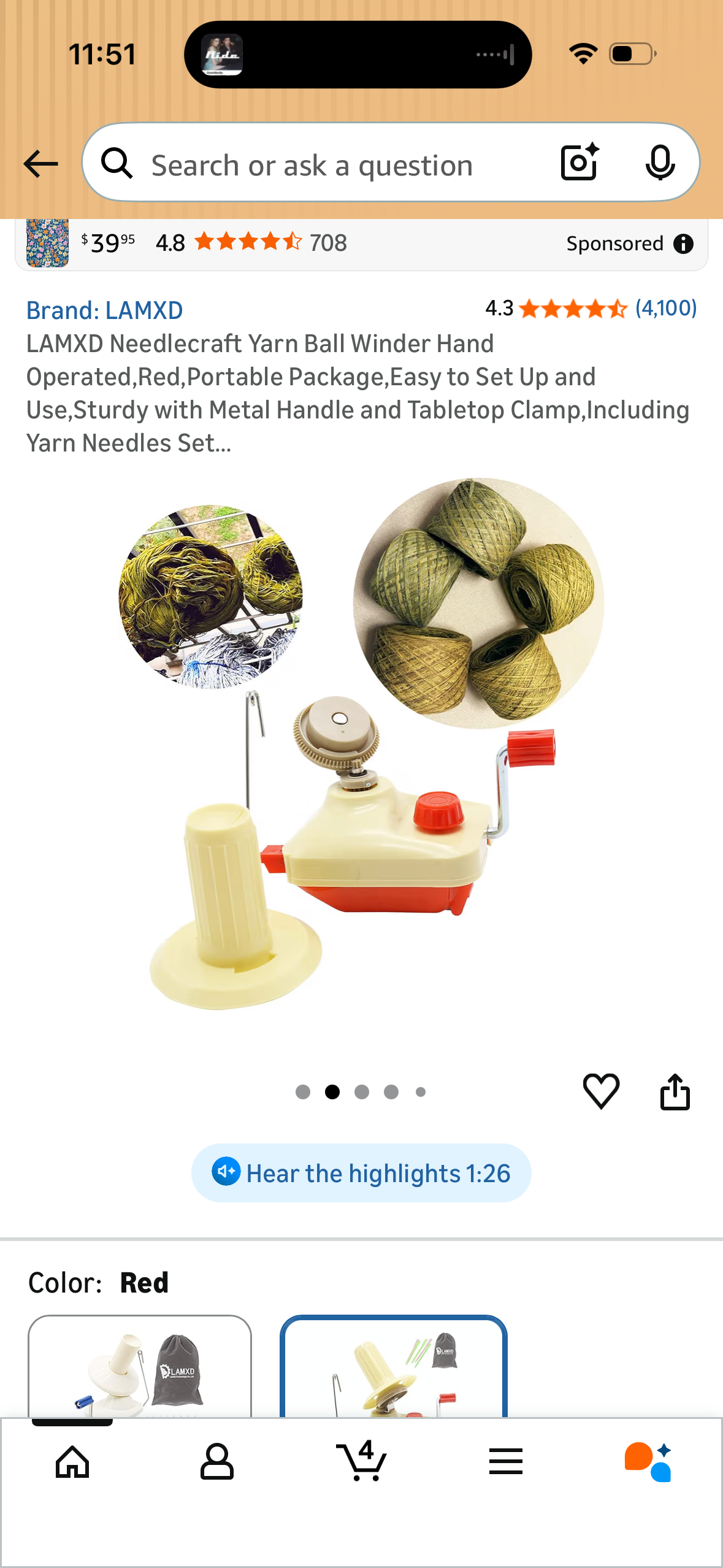 LAMXD Needlecraft Yarn Ball Winder Hand Operated, Red, Portable Package, Easy to Set Up and Use, Sturdy with Metal Handle and Tabletop Clamp, Including Yarn Needles Set