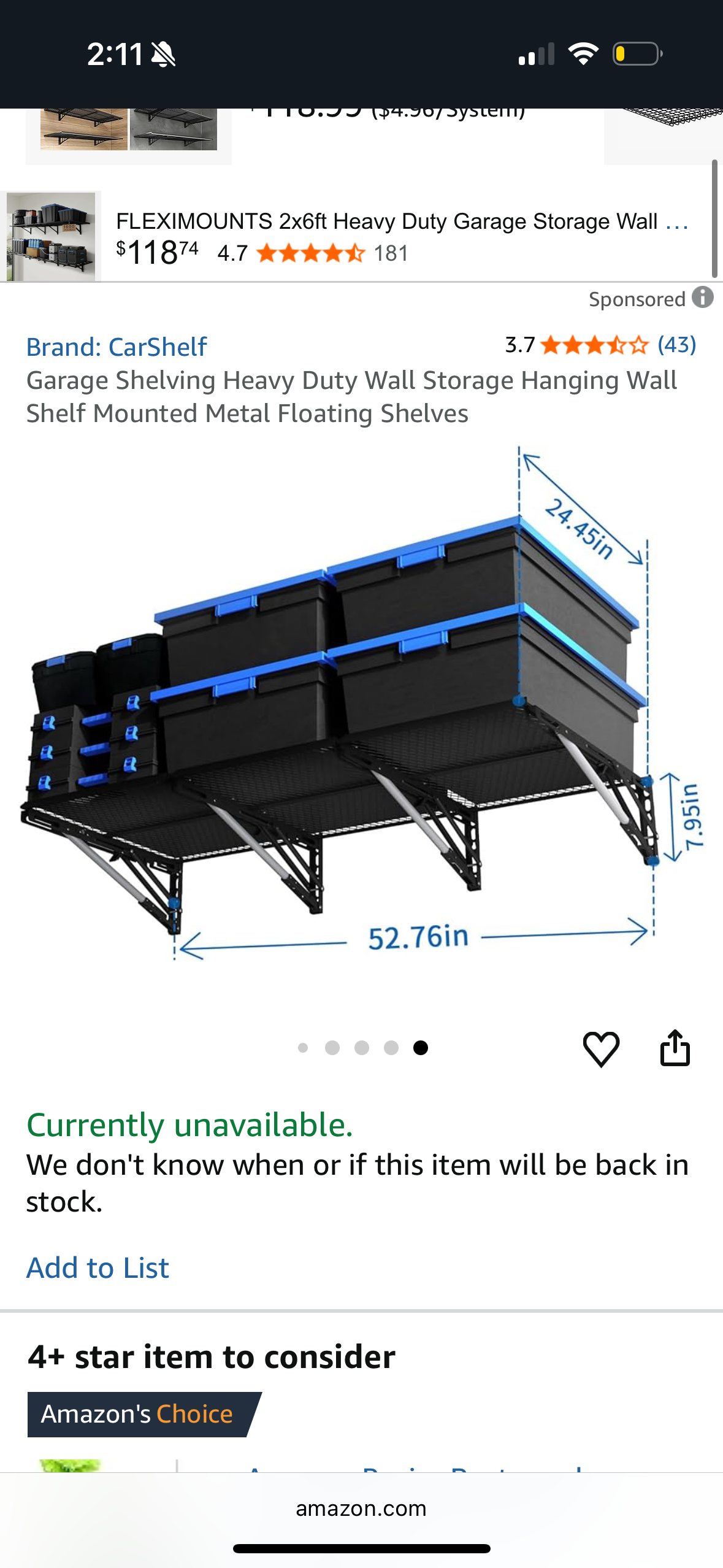 CarShelf Garage Shelving Heavy Duty Wall Storage Hanging Wall Shelf Mounted Metal Floating Shelves Organization Overhead Ceiling Sheds & Outdoor Storage Racks Garage Mount