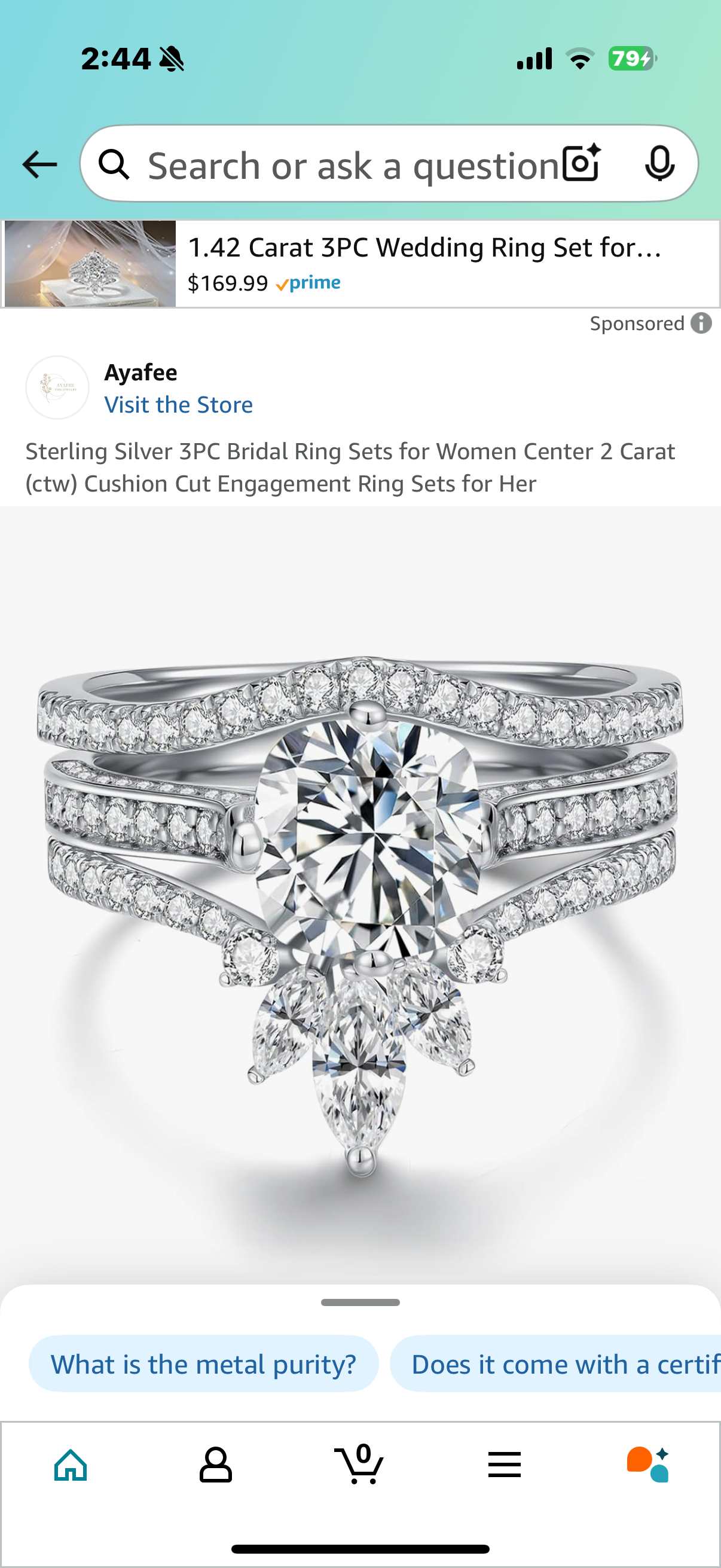 Sterling Silver 3PC Bridal Ring Sets for Women Center 2 Carat (ctw) Cushion Cut Engagement Ring Sets for Her Size 8