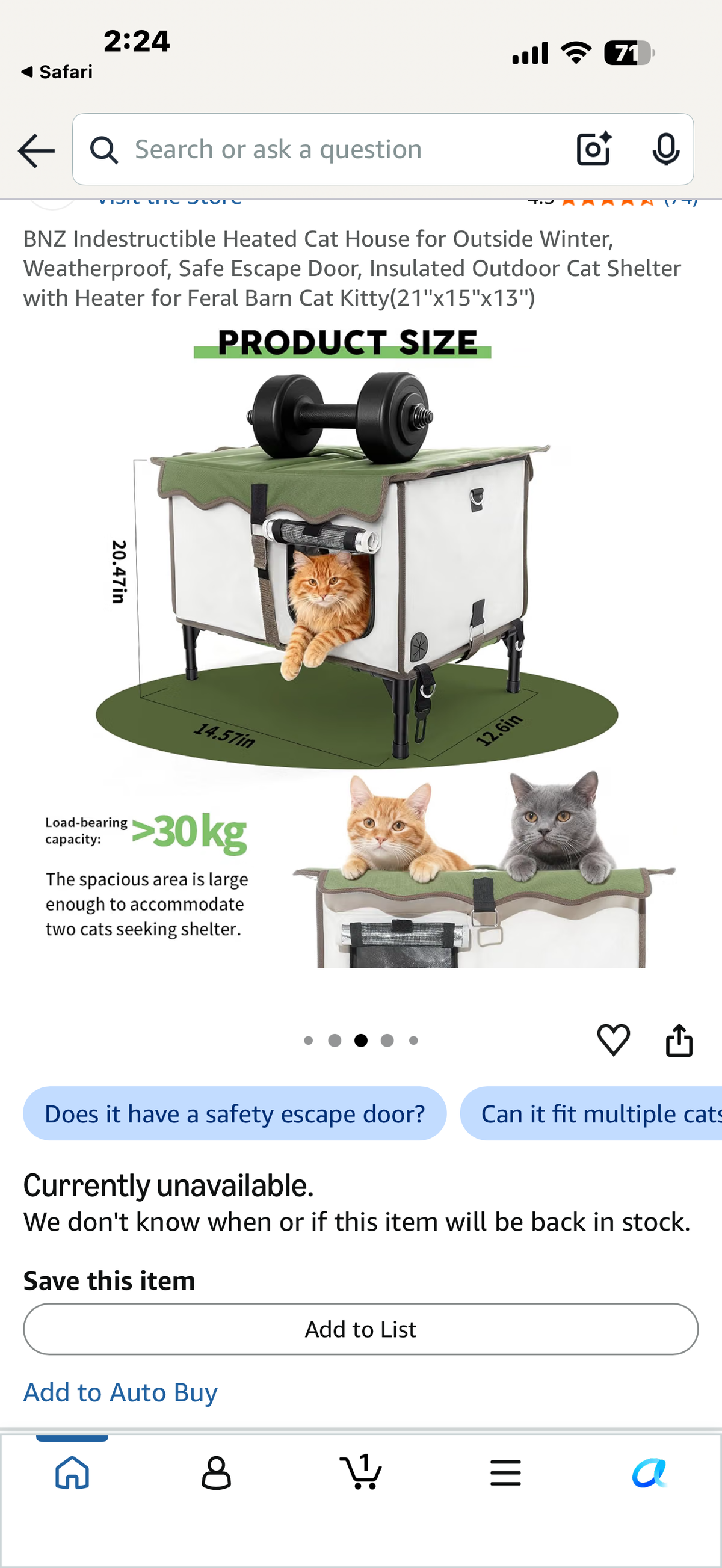 BNZ Indestructible Heated Cat House for Outside Winter, Weatherproof, Safe Escape Door, Insulated Outdoor Cat Shelter with Heater for Feral Barn Cat Kitty(21''x15''x13'')