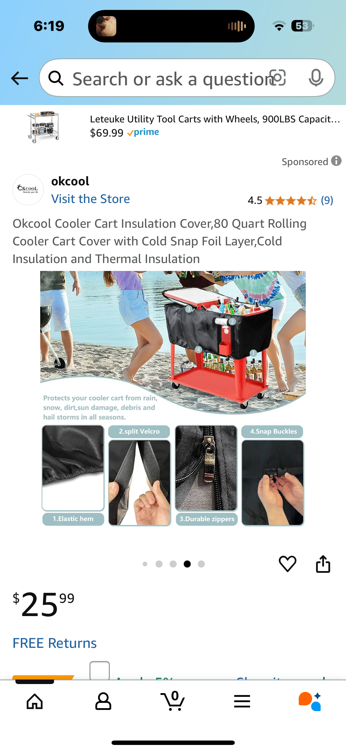 Cooler Cart Insulation Cover,80 Quart Rolling Cooler Cart Cover with Cold Snap Foil Layer,Cold Insulation and Thermal Insulation