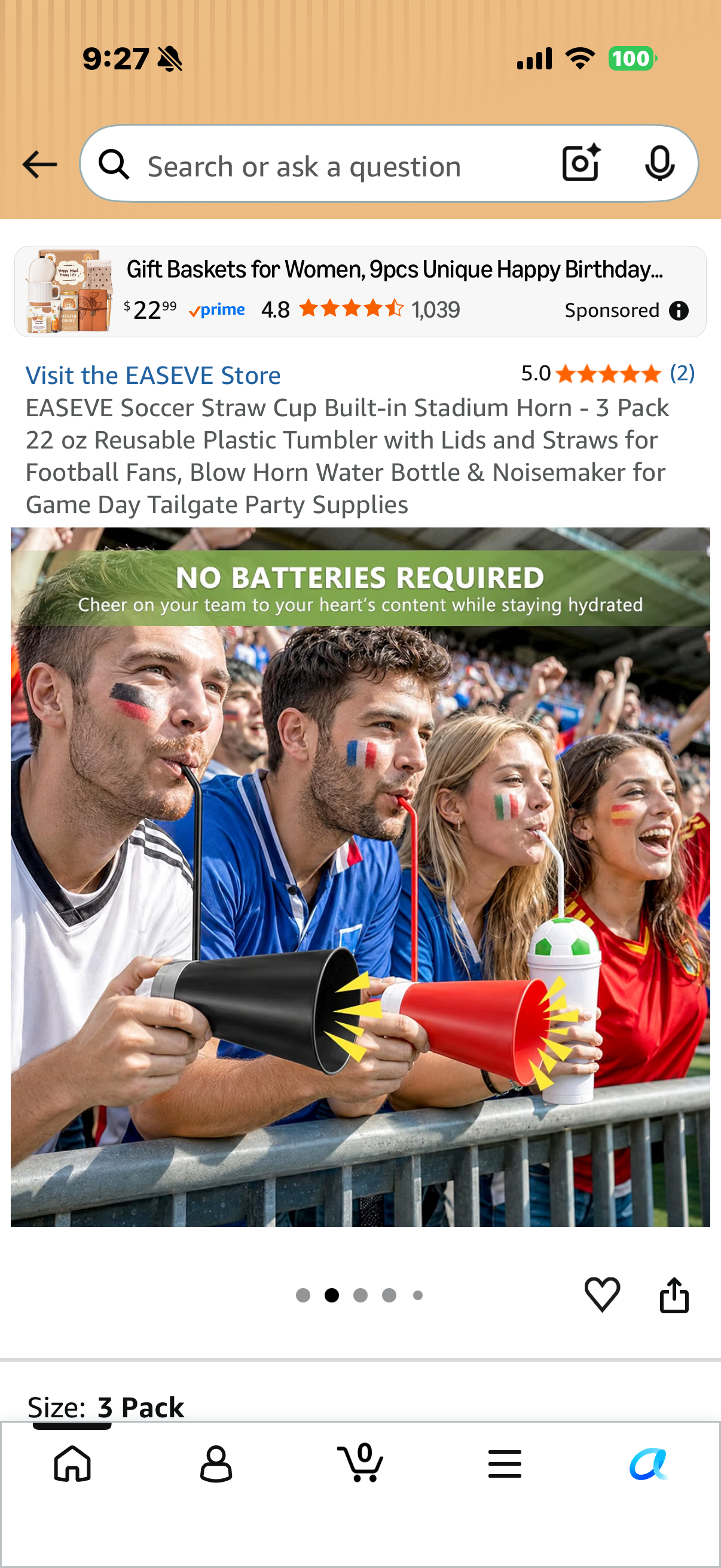 EASEVE Soccer Straw Cup Built-in Stadium Horn - 3 Pack 22 oz Reusable Plastic Tumbler with Lids and Straws for Football Fans, Blow Horn Water Bottle & Noisemaker for Game Day Tailgate Party Supplies