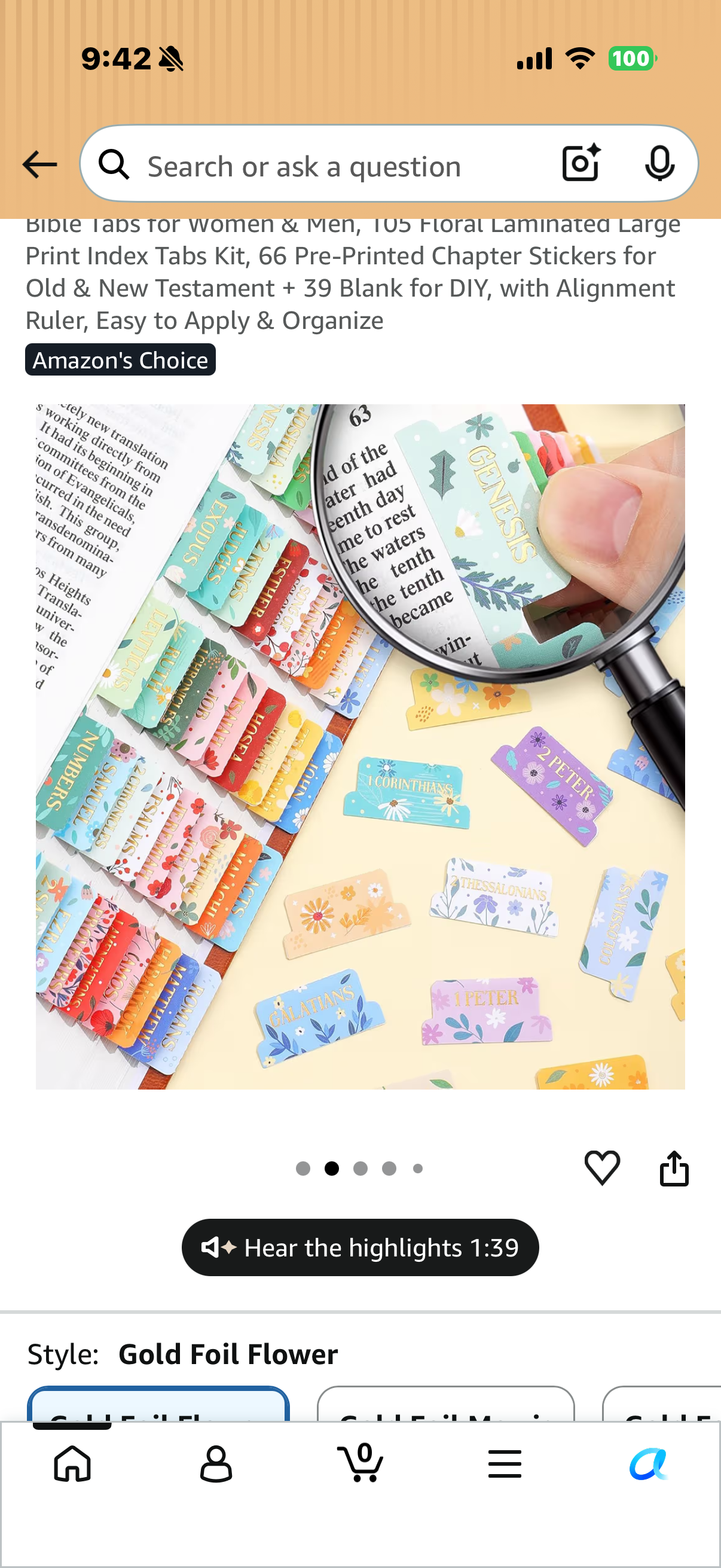 Bible Tabs, 105 Floral Laminated Large Print Index Tabs Kit, 66 Pre-Printed Chapter Stickers for Old & New Testament + 39 Blank for DIY, with Alignment Ruler, Easy to Apply & Organize