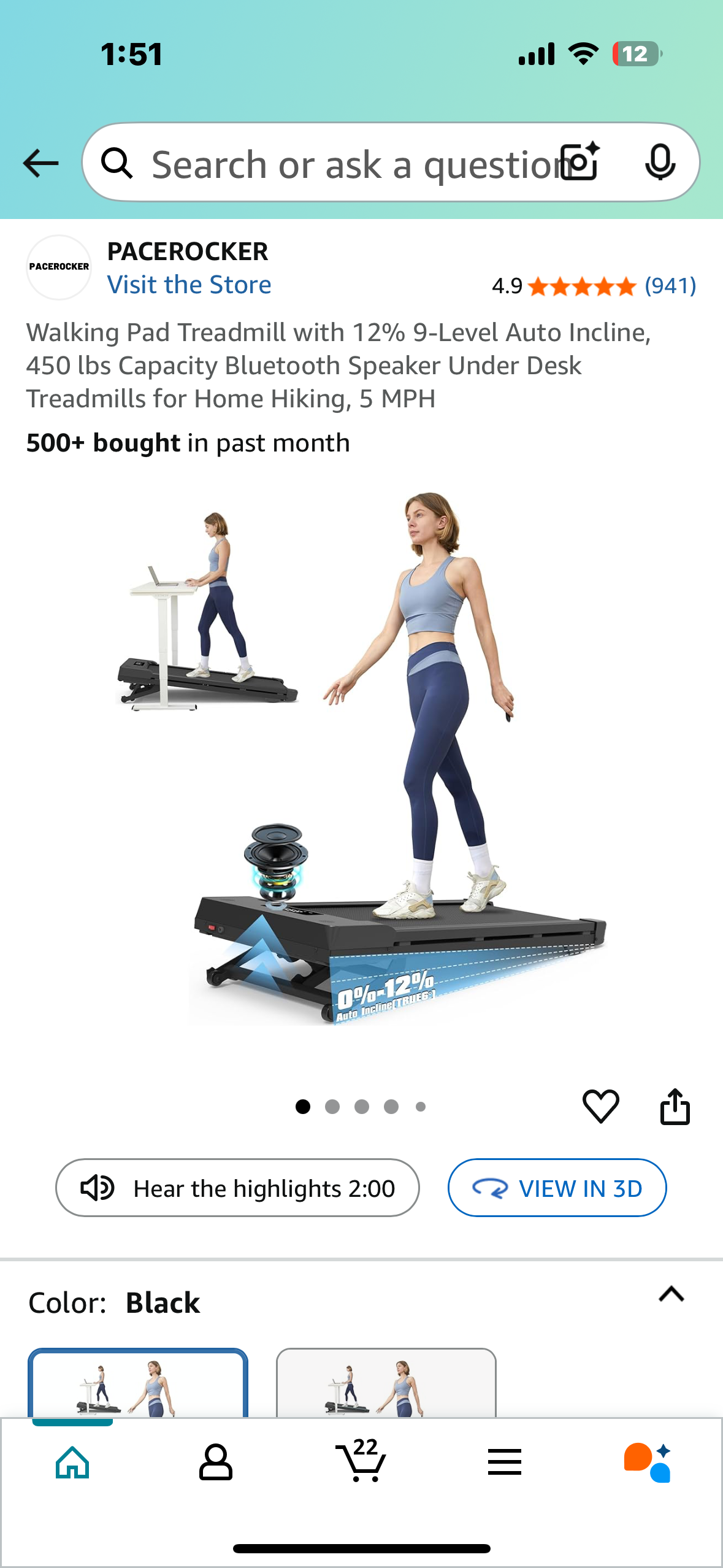 Walking Pad Treadmill with 12% 9-Level Auto Incline, 450 lbs Capacity Bluetooth Speaker, Under Desk Treadmill (W480)