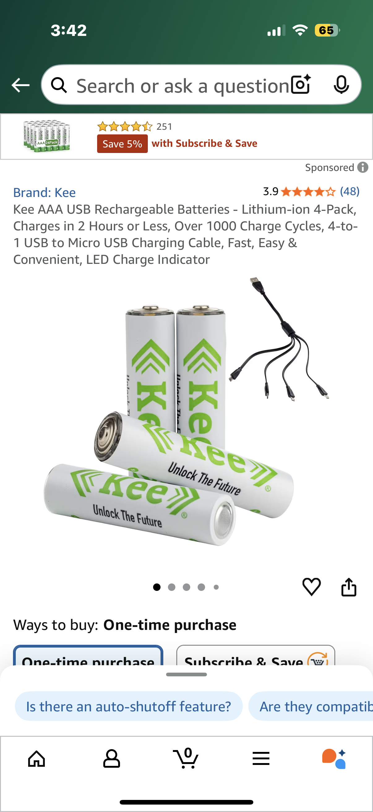 Kee AAA USB Rechargeable Batteries - Lithium-ion 4-Pack, Charges in 2 Hours or Less, Over 1000 Charge Cycles, 4-to-1 USB to Micro USB Charging Cable, Fast, Easy & Convenient, LED Charge Indicator