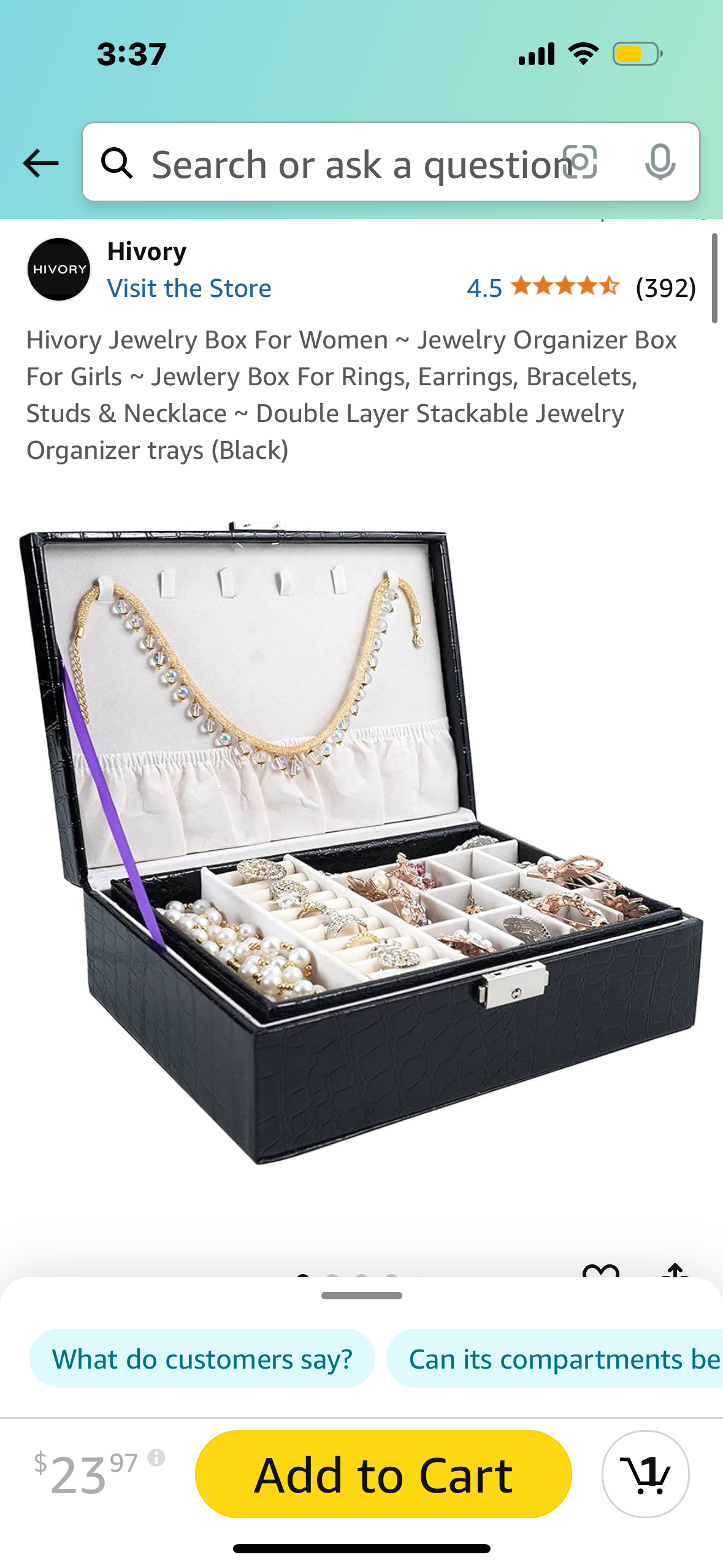 Hivory Jewelry Box For Women ~ Jewelry Organizer Box For Girls ~ Jewlery Box For Rings, Earrings, Bracelets, Studs & Necklace ~ Double Layer Stackable Jewelry Organizer trays (Black)