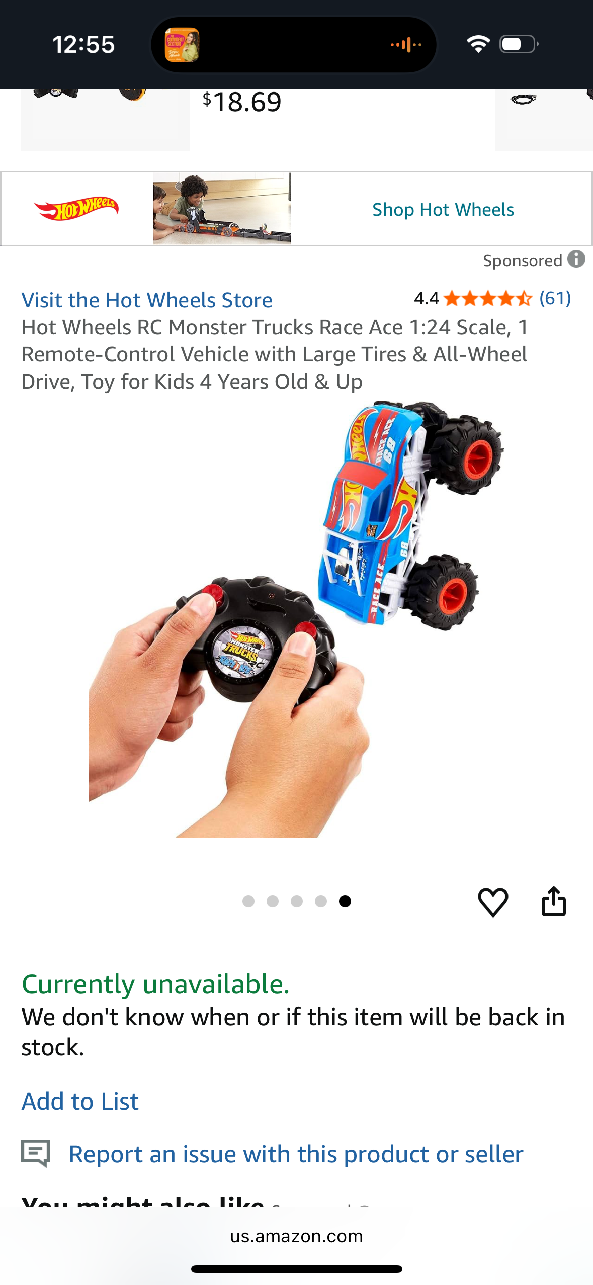 Hot Wheels RC Monster Trucks Race Ace 1:24 Scale, 1 Remote-Control Vehicle with Large Tires & All-Wheel Drive, Toy for Kids 4 Years Old & Up