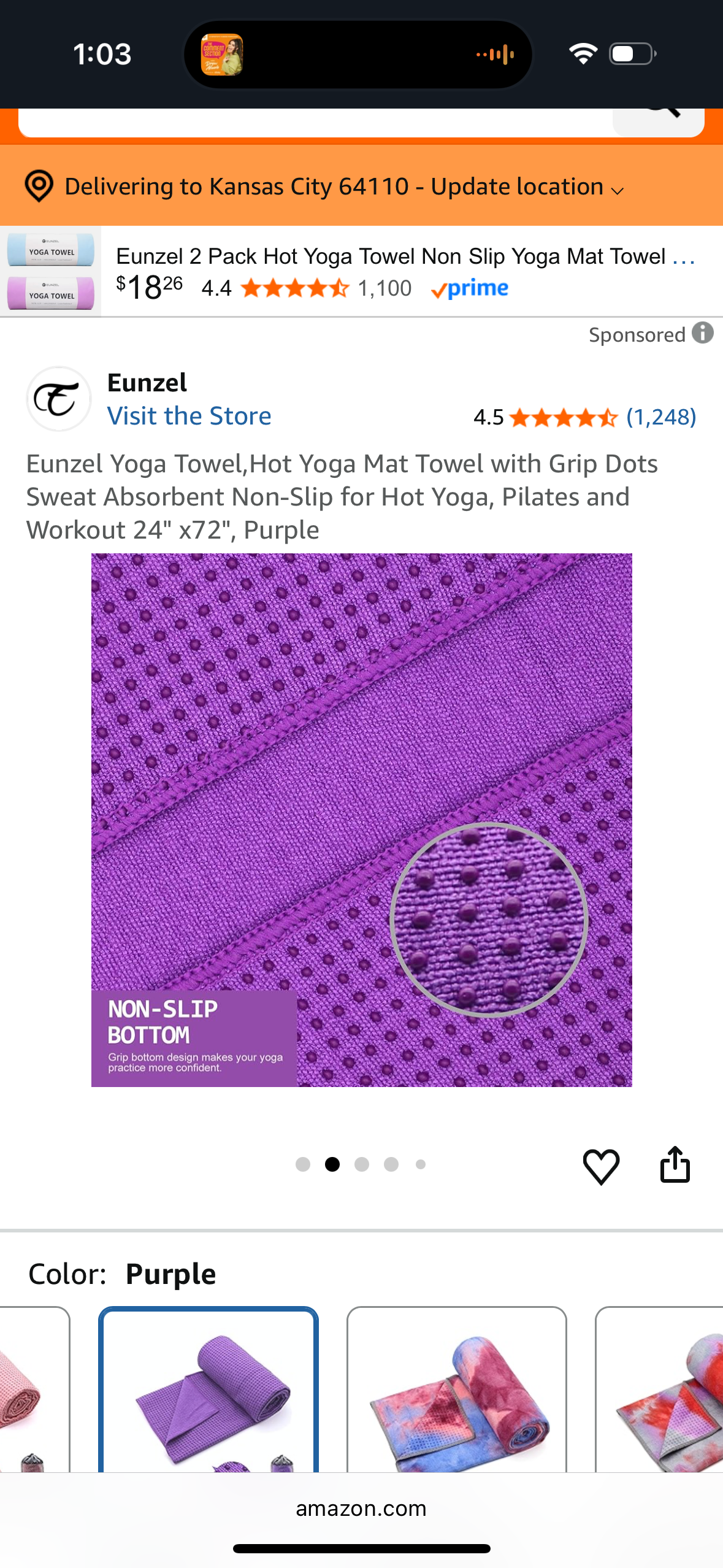 Eunzel Yoga Towel,Hot Yoga Mat Towel with Grip Dots Sweat Absorbent Non-Slip for Hot Yoga, Pilates and Workout 24" x72", Purple