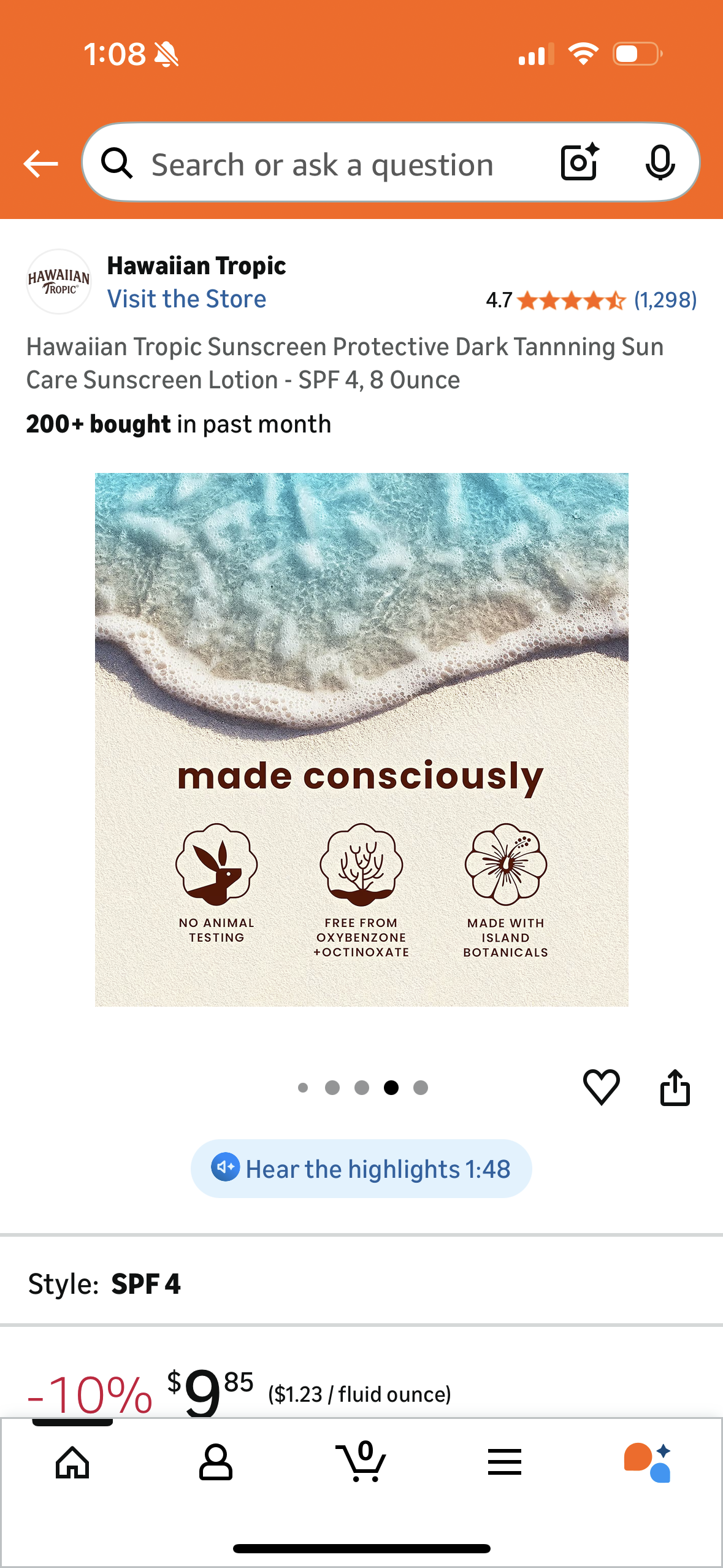 Hawaiian Tropic Sunscreen Protective Dark Tannning Sun Care Sunscreen Lotion - SPF 4, 8 Ounce