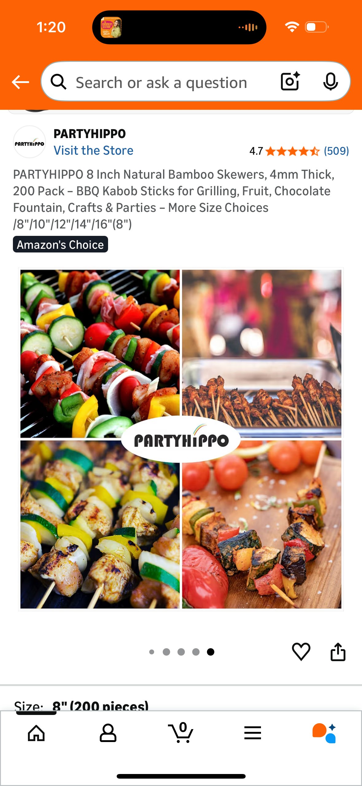 PARTYHIPPO 8 Inch Natural Bamboo Skewers, 4mm Thick, 200 Pack – BBQ Kabob Sticks for Grilling, Fruit, Chocolate Fountain, Crafts & Parties