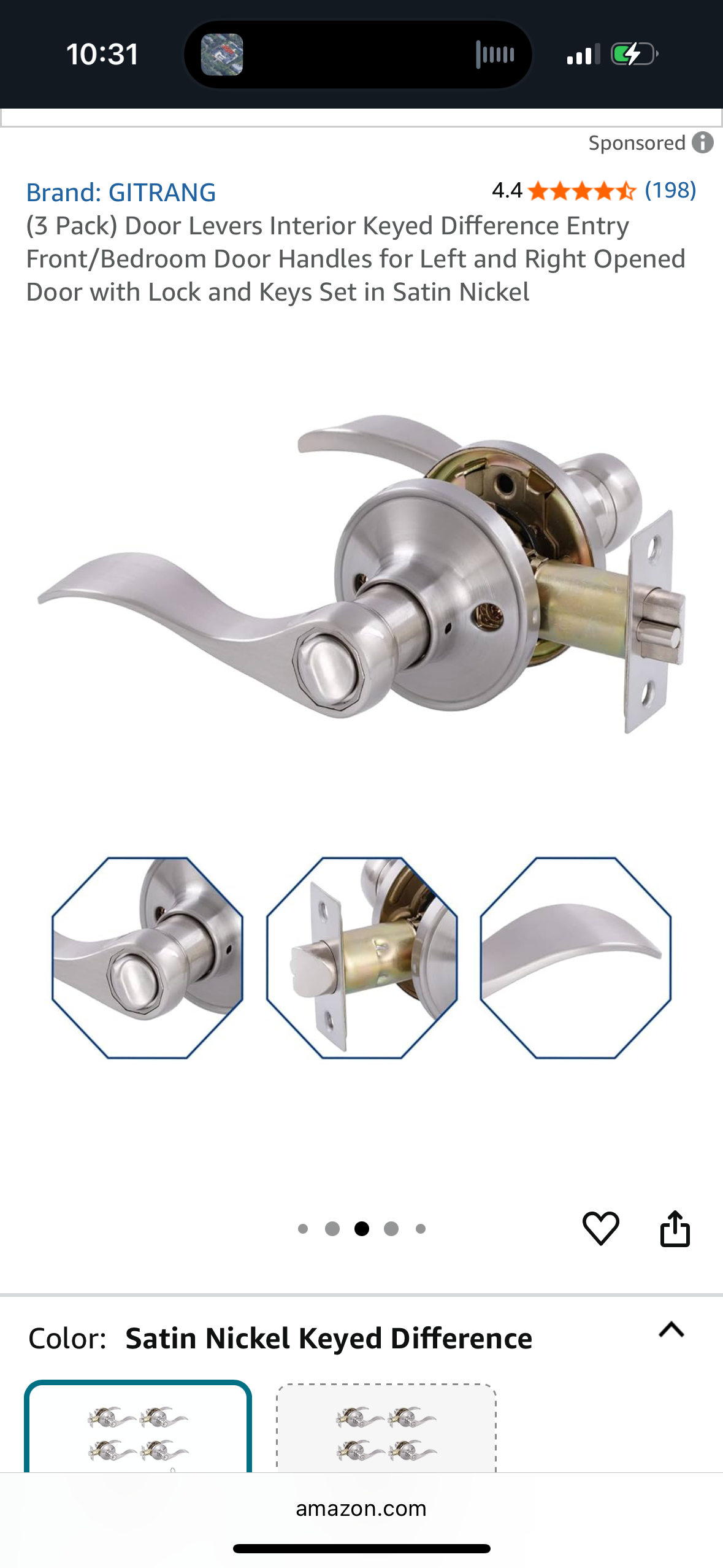 Door Levers Interior Keyed Difference Entry Front/Bedroom Door Handles for Left and Right Opened Door with Lock and Keys Set in Satin Nickel