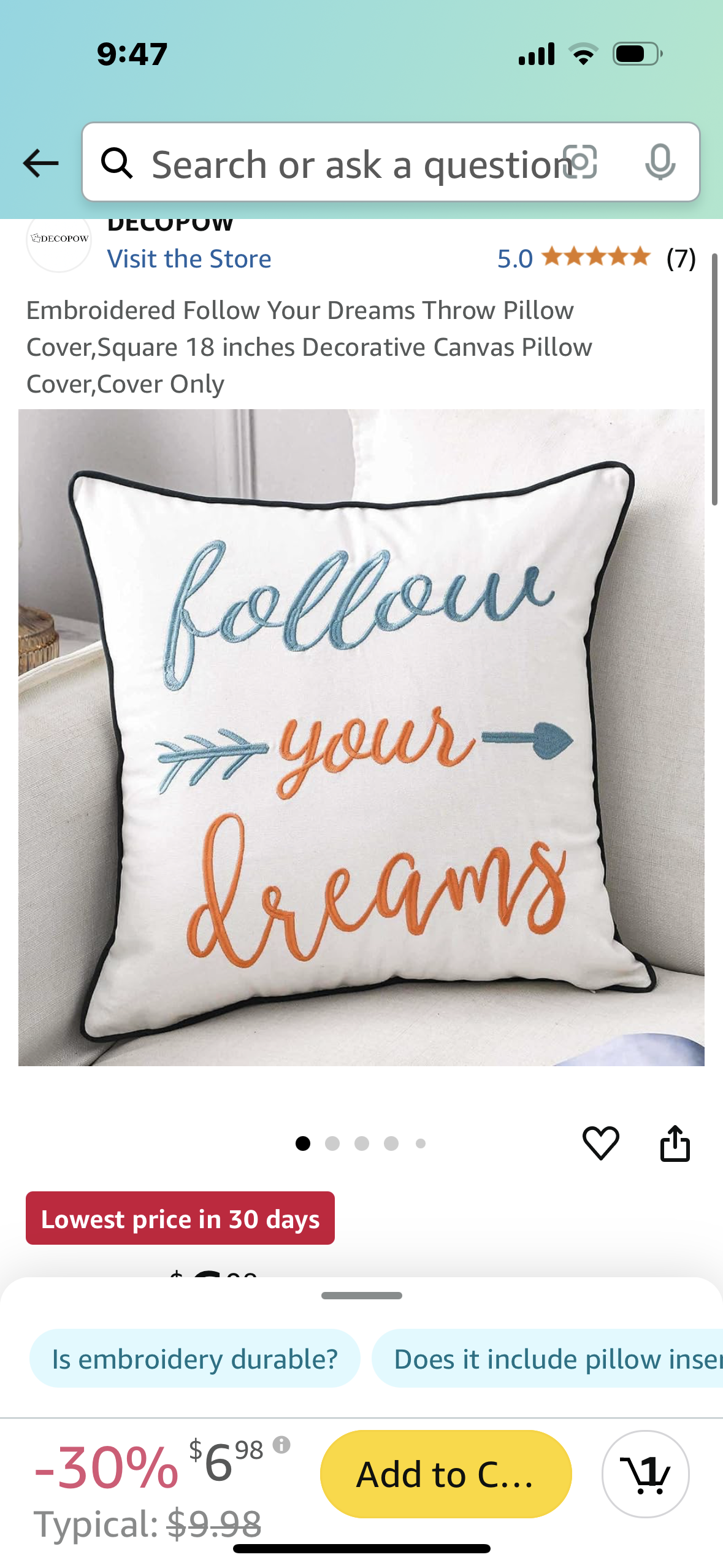 Embroidered Follow Your Dreams Throw Pillow Cover,Square 18 inches Decorative Canvas Pillow Cover,Cover Only