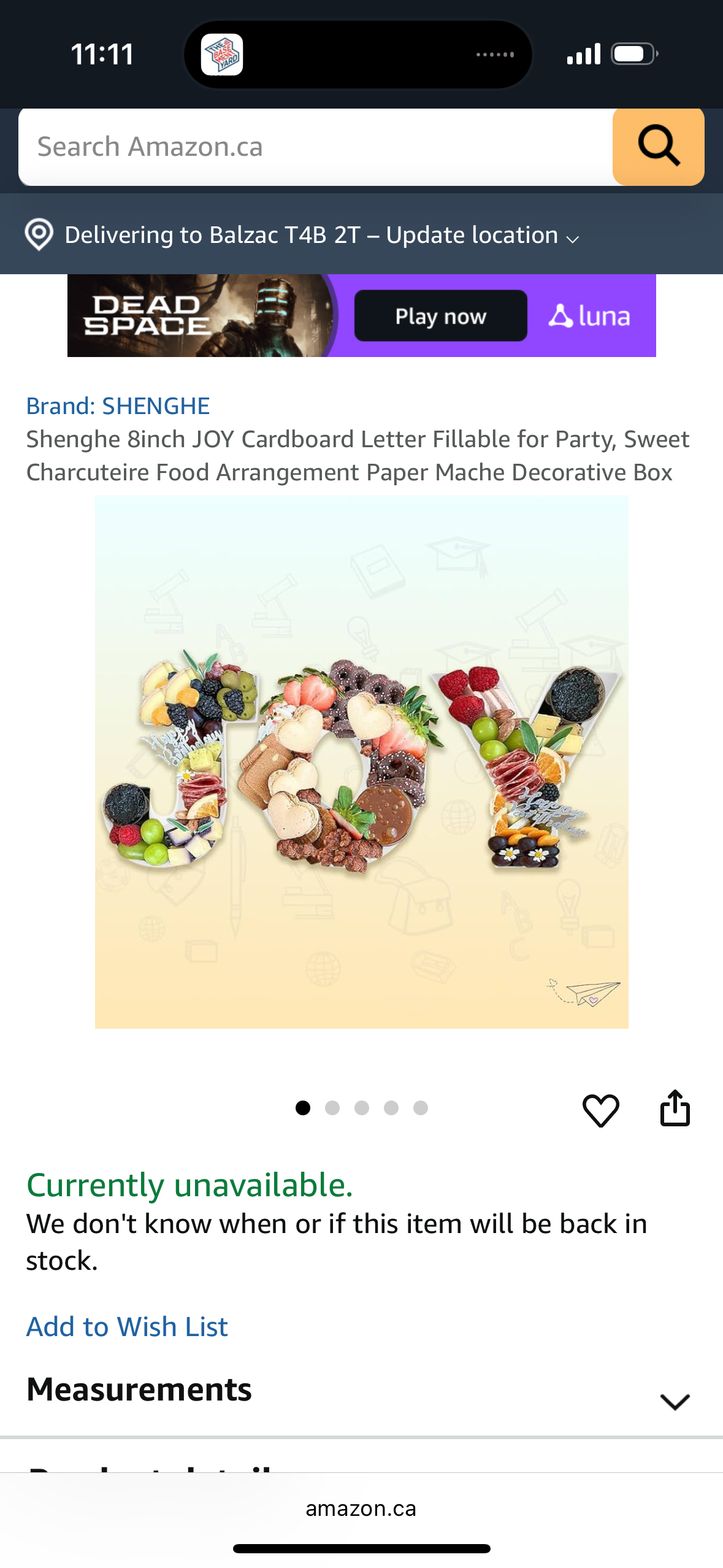 Shenghe 8inch JOY Cardboard Letter Fillable for Party, Sweet Charcuteire Food Arrangement Paper Mache Decorative Box