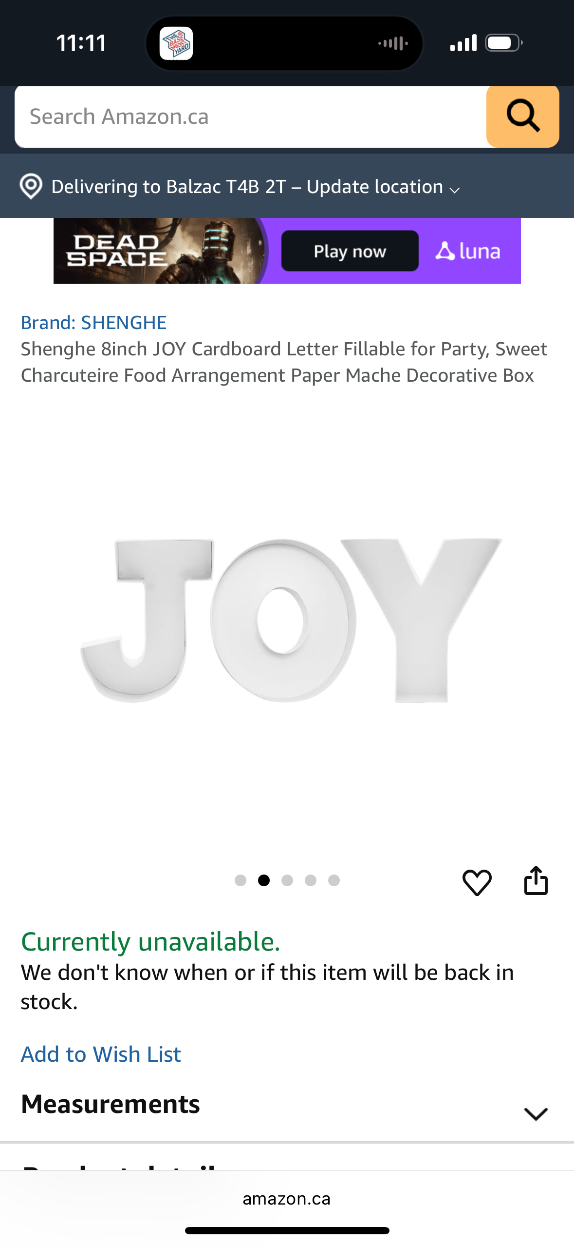 Shenghe 8inch JOY Cardboard Letter Fillable for Party, Sweet Charcuteire Food Arrangement Paper Mache Decorative Box