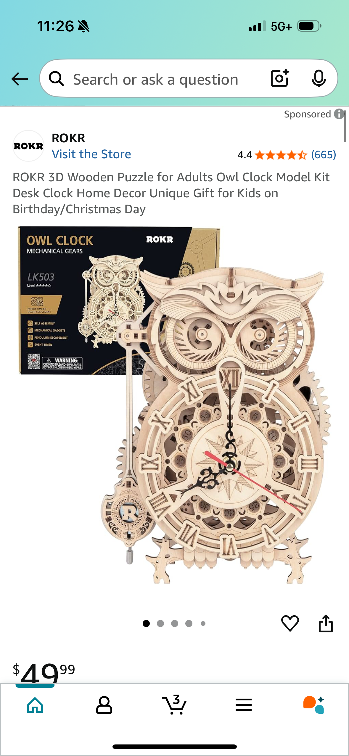 ROKR 3D Wooden Puzzle for Adults Owl Clock Model Kit Desk Clock Home Decor Unique Gift for Kids on Birthday/Christmas Day