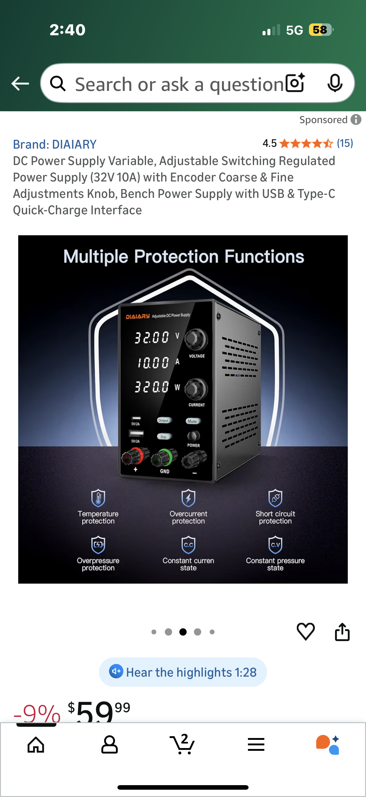 DC Power Supply Variable, Adjustable Switching Regulated Power Supply (32V 10A) with Encoder Coarse & Fine Adjustments Knob, Bench Power Supply with USB & Type-C Quick-Charge Interface