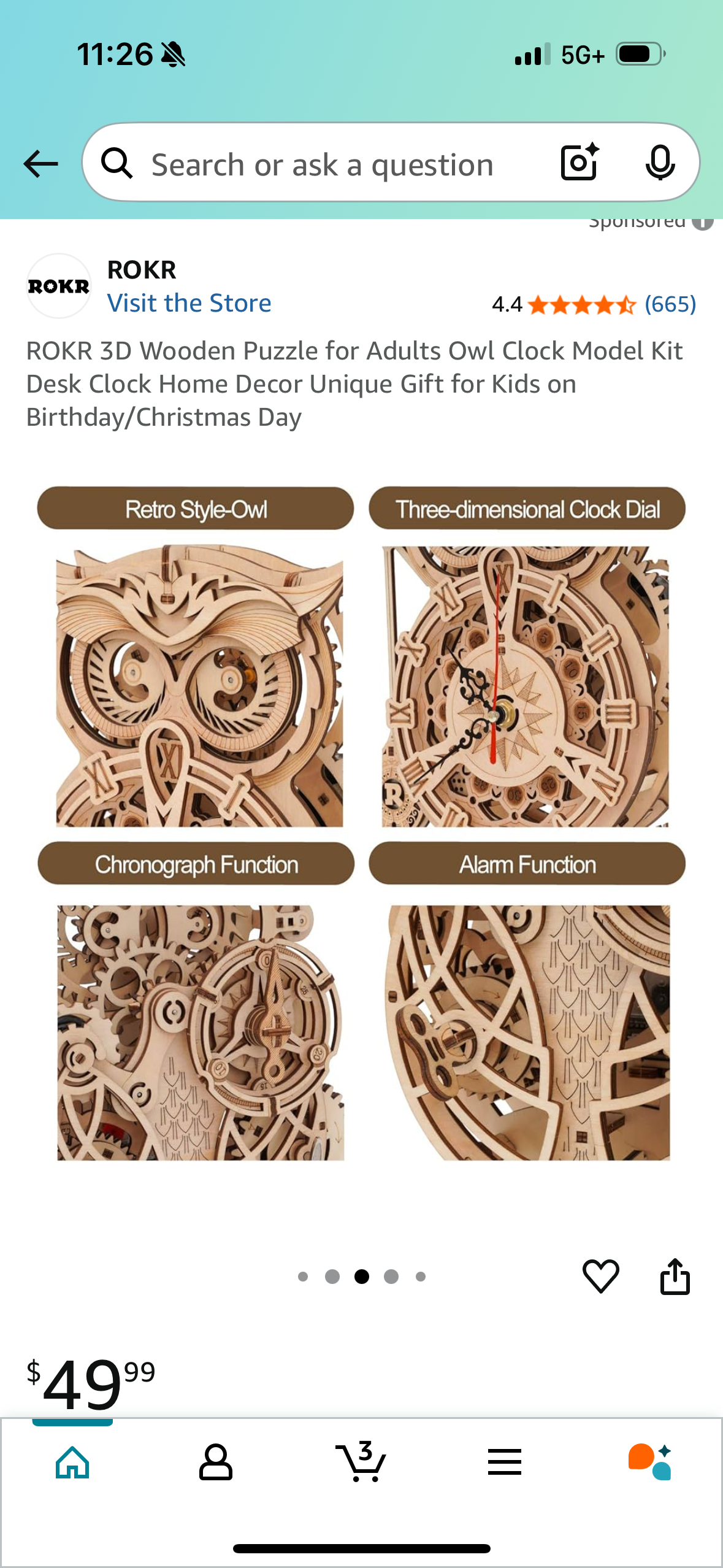 ROKR 3D Wooden Puzzle for Adults Owl Clock Model Kit Desk Clock Home Decor Unique Gift for Kids on Birthday/Christmas Day