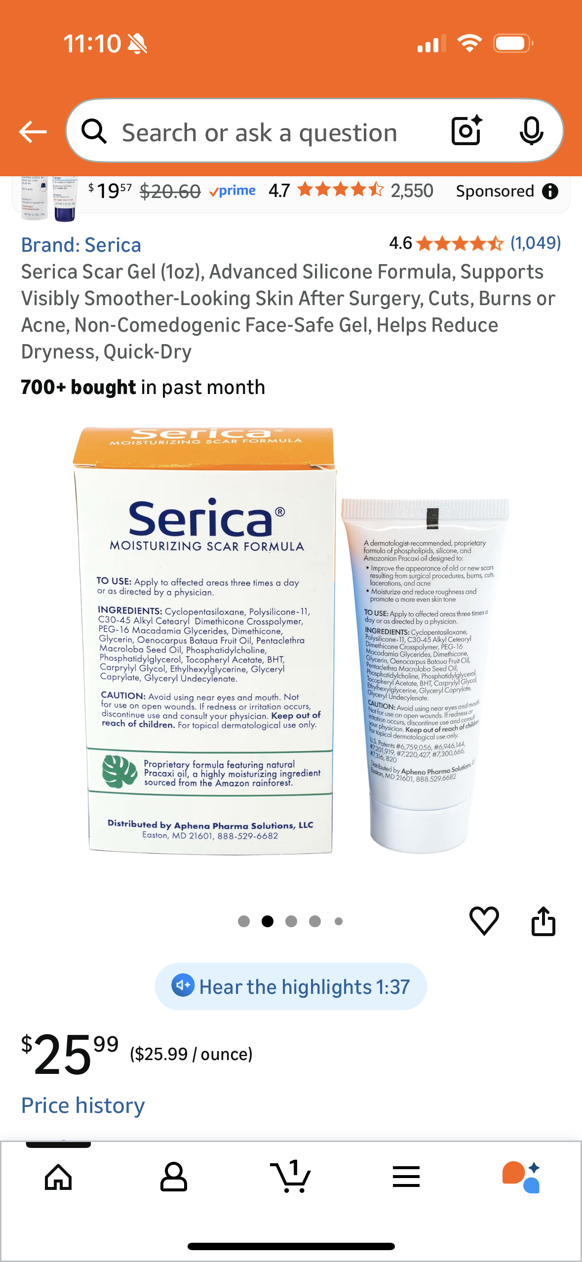 Serica Scar Gel (1oz), Advanced Silicone Formula, Supports Visibly Smoother-Looking Skin After Surgery, Cuts, Burns or Acne, Non-Comedogenic Face-Safe Gel, Helps Reduce Dryness, Quick-Dry