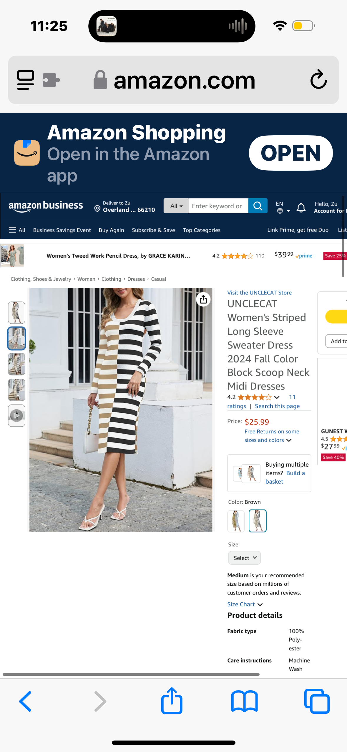 Women's Striped Long Sleeve Sweater Dress Fall Color Block Scoop Neck Midi Dresses (Size Medium)