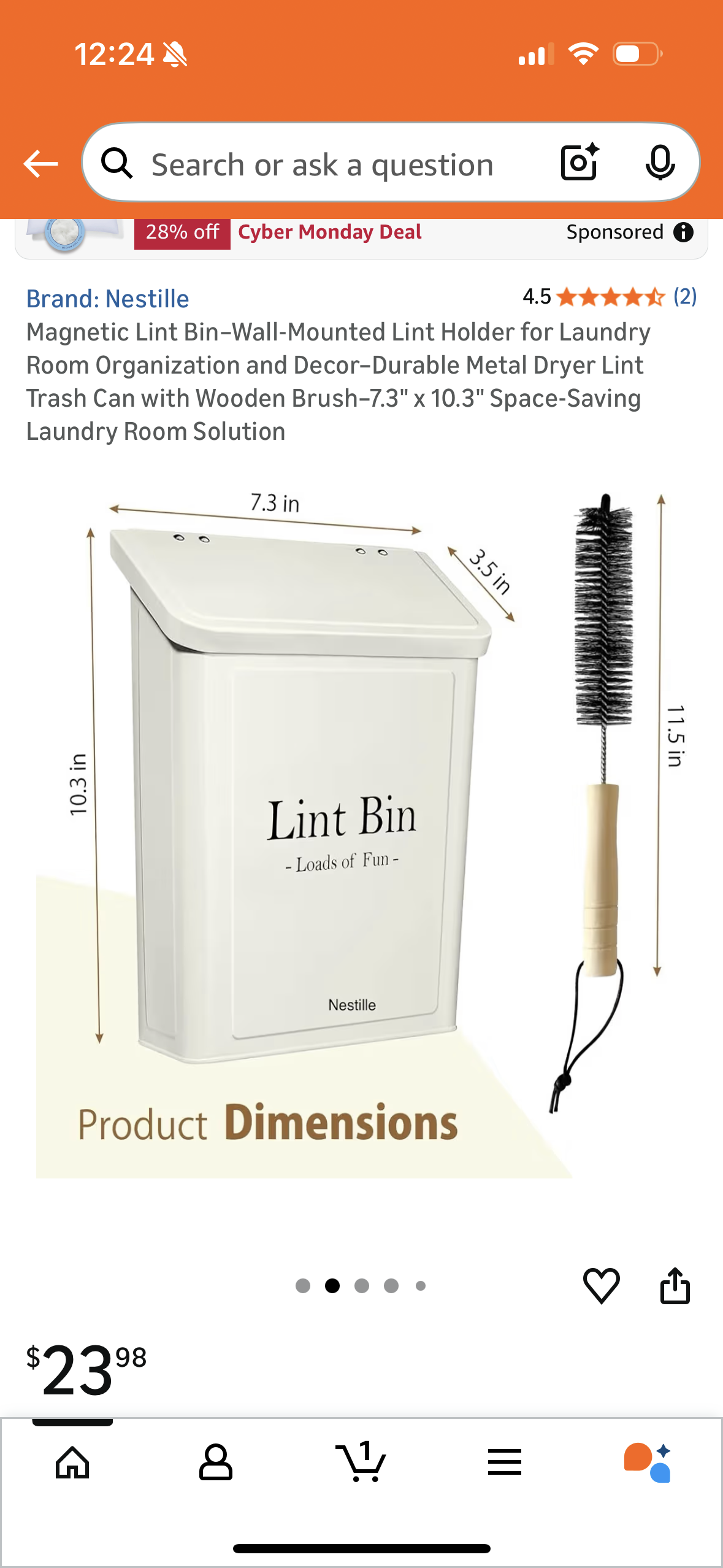 Magnetic Lint Bin–Wall-Mounted Lint Holder for Laundry Room Organization and Decor–Durable Metal Dryer Lint Trash Can with Wooden Brush–7.3" x 10.3" Space-Saving Laundry Room Solution