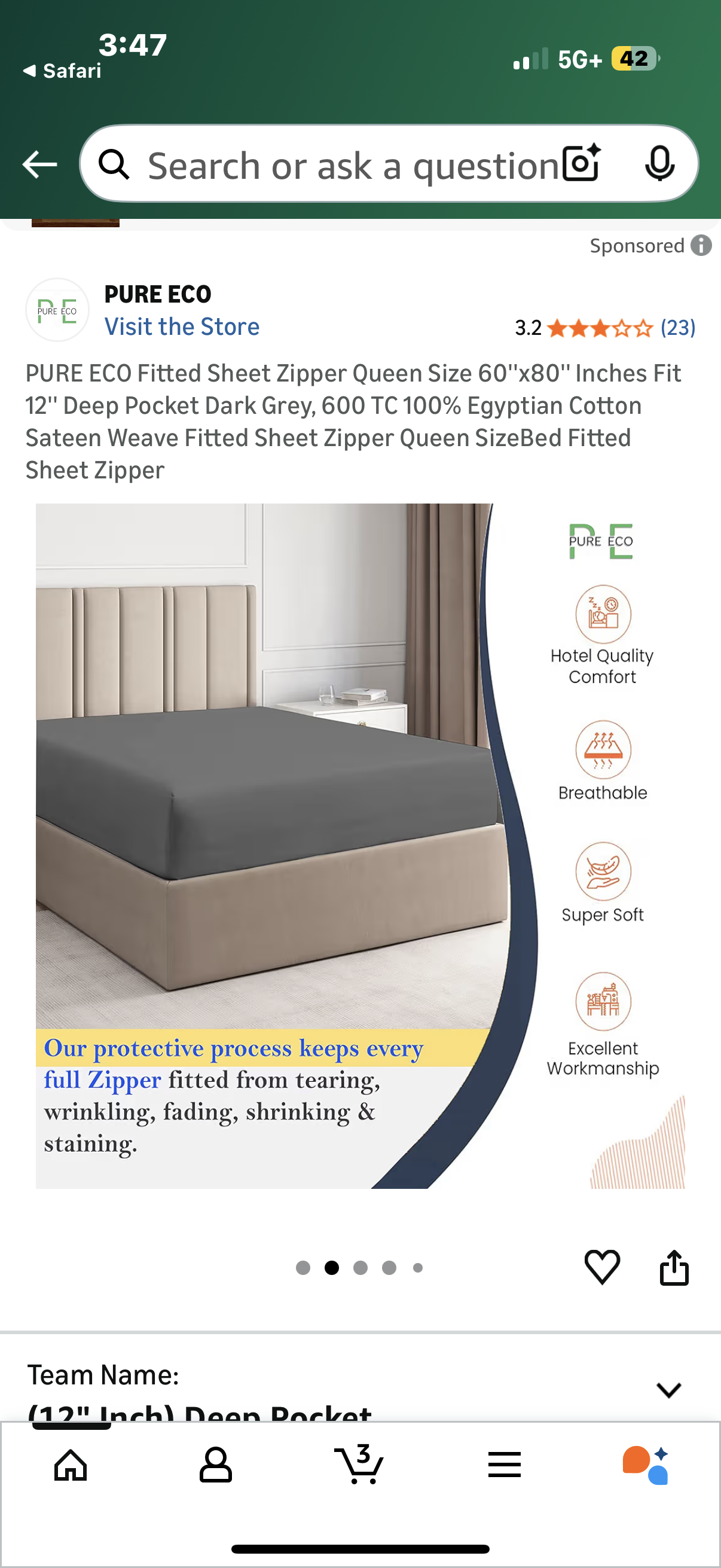 PURE ECO Fitted Sheet Zipper Queen Size 60''x80'' Inches Fit 12'' Deep Pocket Dark Grey, 600 TC 100% Egyptian Cotton Sateen Weave Fitted Sheet Zipper Queen SizeBed Fitted Sheet Zipper