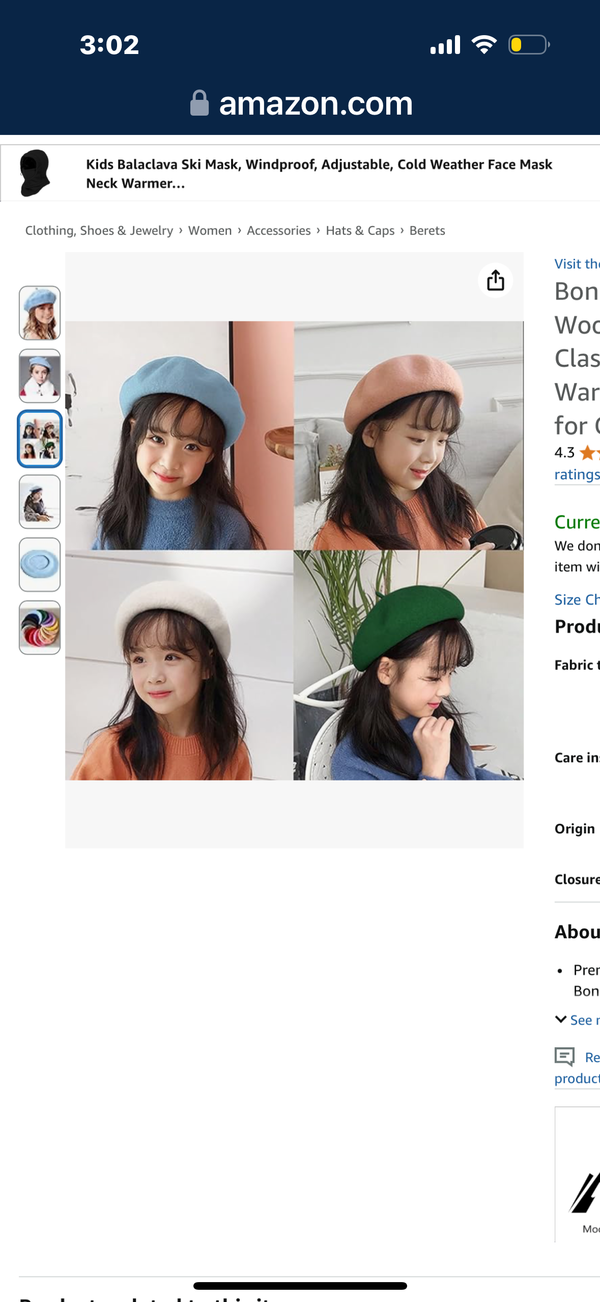 Bonaweite French Wool Berets Hat Classic Fashion Warm Beanie Cap for Girls