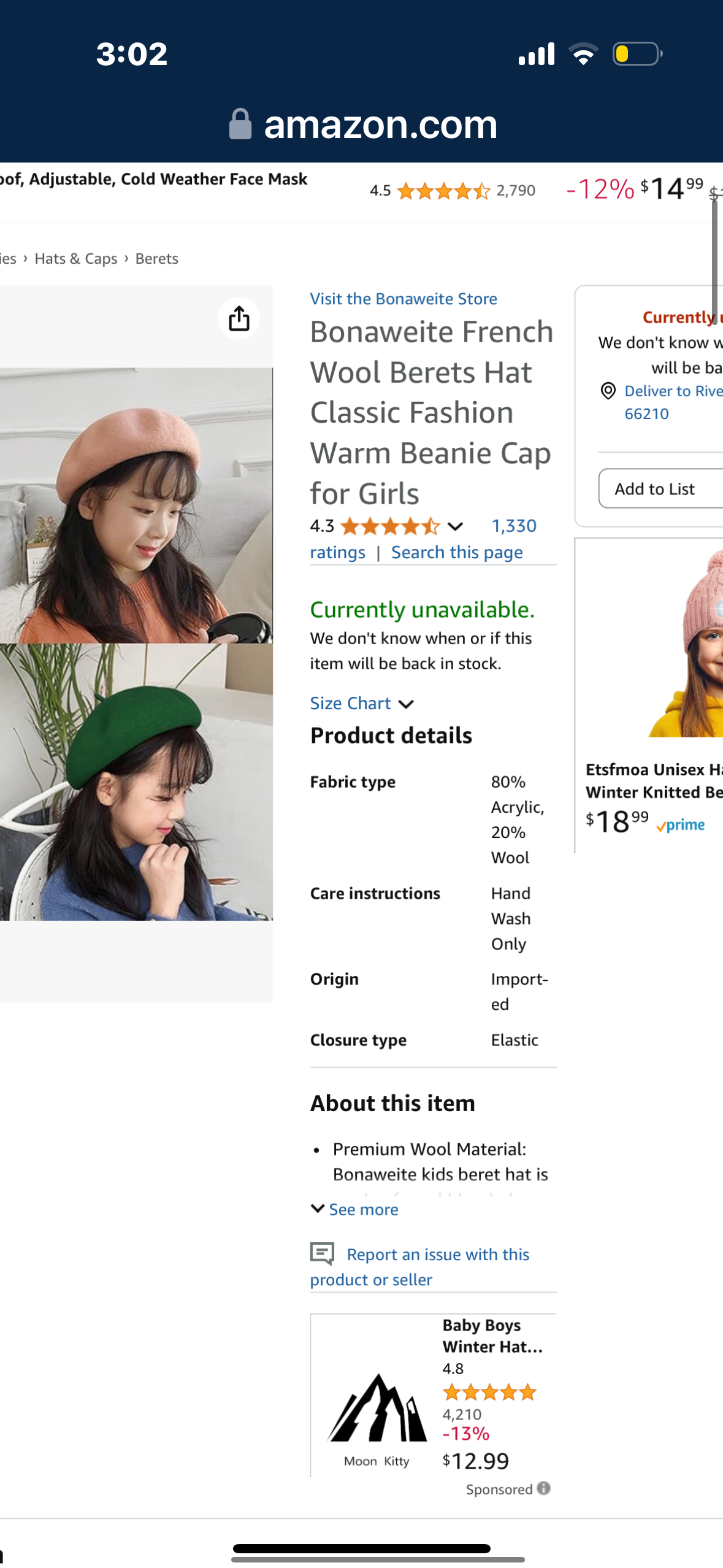 Bonaweite French Wool Berets Hat Classic Fashion Warm Beanie Cap for Girls