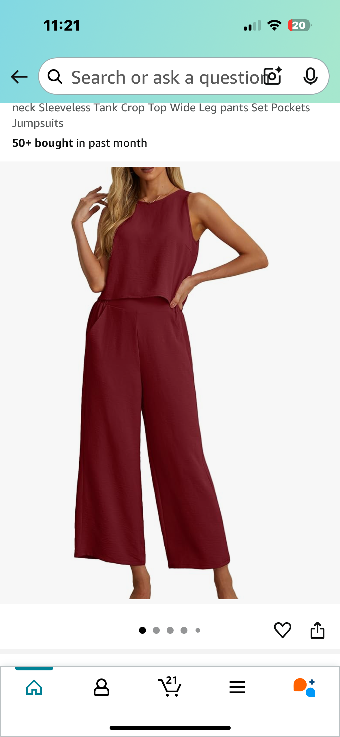 Sucolan Summer 2 piece Outfit, Round Neck, Back with Buttons, Sleeveless Tank, Wide Leg Pants Set (Size M)