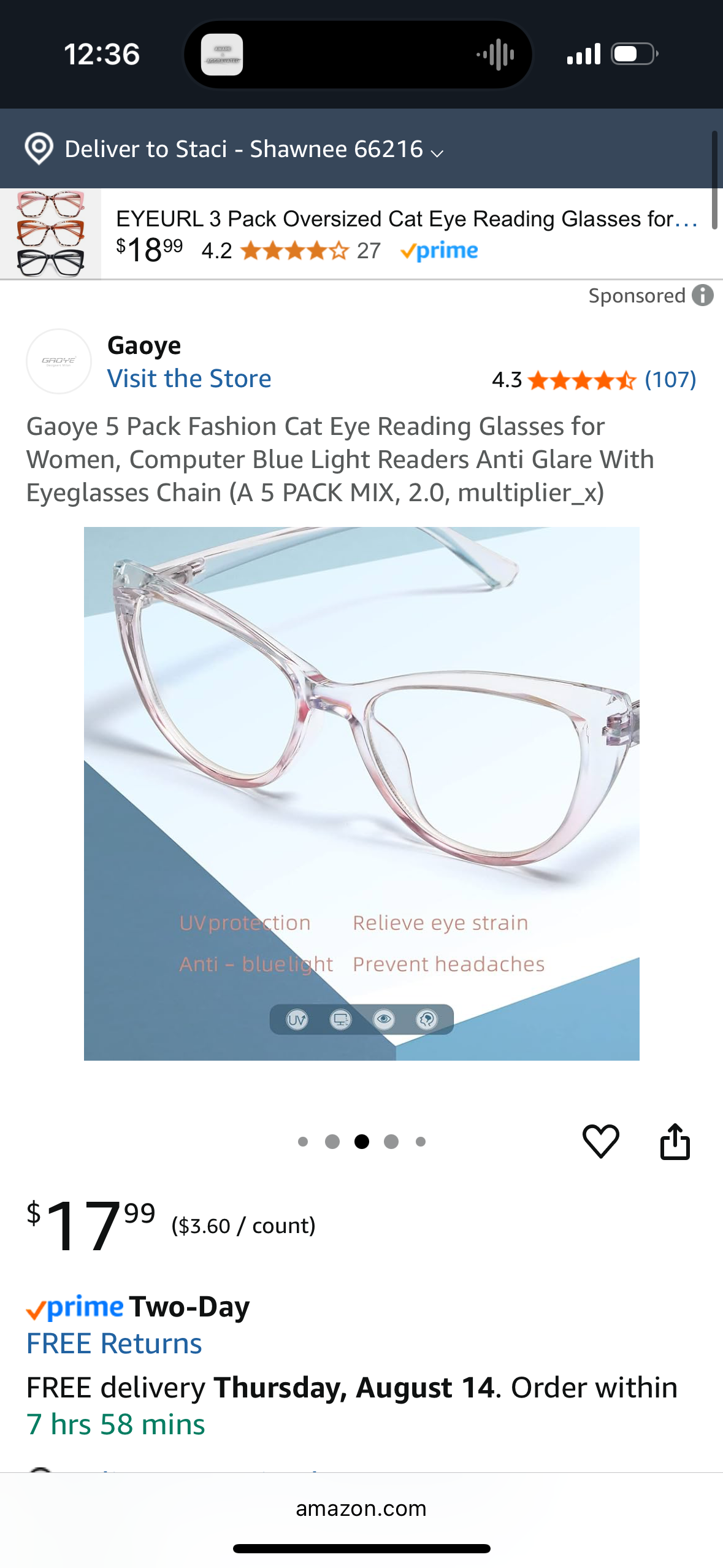 Gaoye 5 Pack Fashion Cat Eye Reading Glasses for Women, Computer Blue Light Readers Anti Glare With Eyeglasses Chain (A 5 PACK MIX, 2.0, multiplier_x)