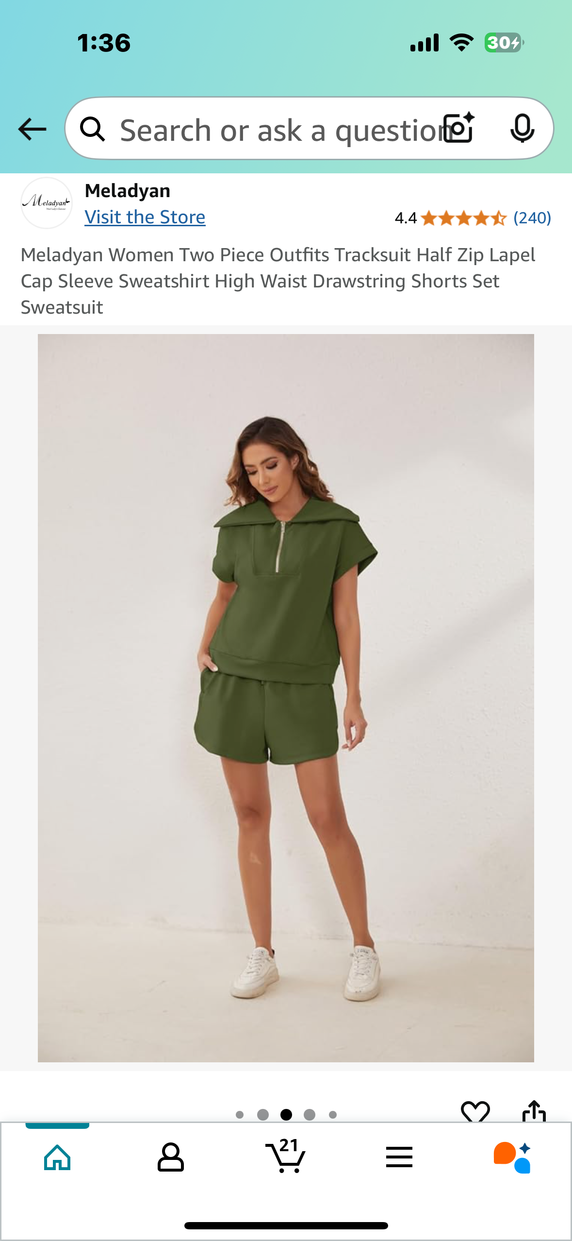 Women’s Two Piece Outfit, Half Zip Lapel Cap Sleeve Sweatshirt with High Waist Drawstring Shorts (Size XL)