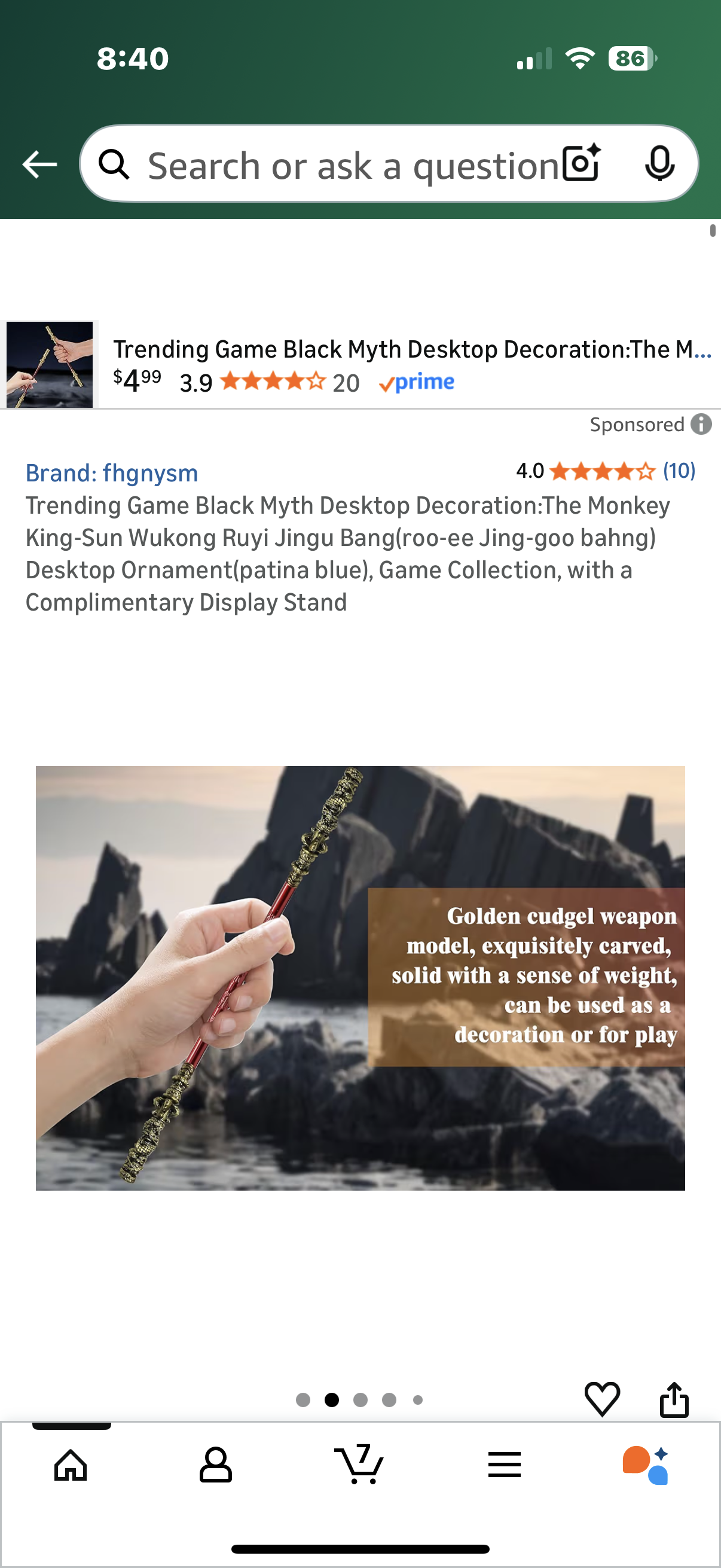 ‼️2 for 1 ‼️Trending Game Black Myth Desktop Decoration:The Monkey King-Sun Wukong Ruyi Jingu Bang(roo-ee Jing-goo bahng) Desktop Ornament(patina blue), Game Collection, with a Complimentary Display Stand