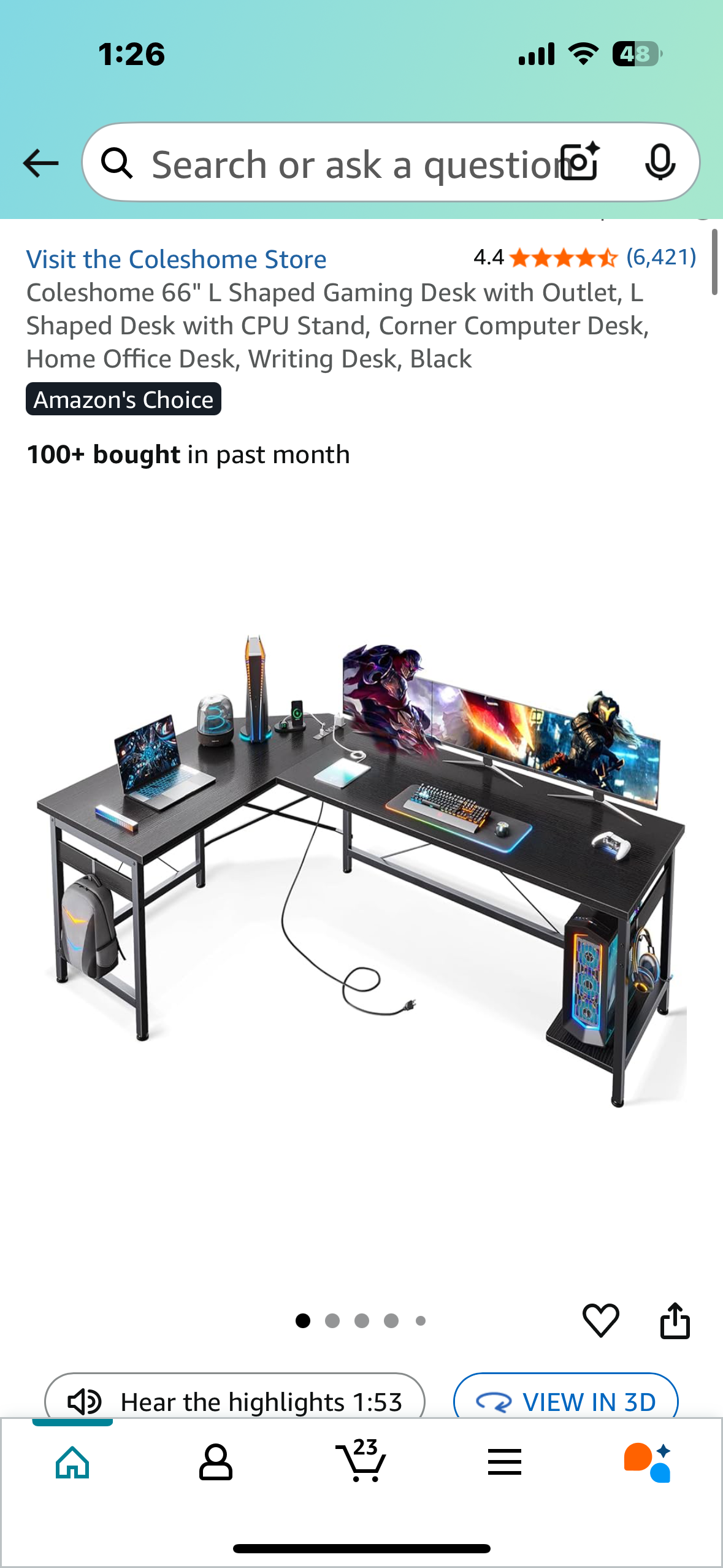 Coleshome 66" L Shaped Gaming Desk with Outlet, L Shaped Desk with CPU Stand, Corner Computer Desk, Home Office Desk, Writing Desk, Black (O432)